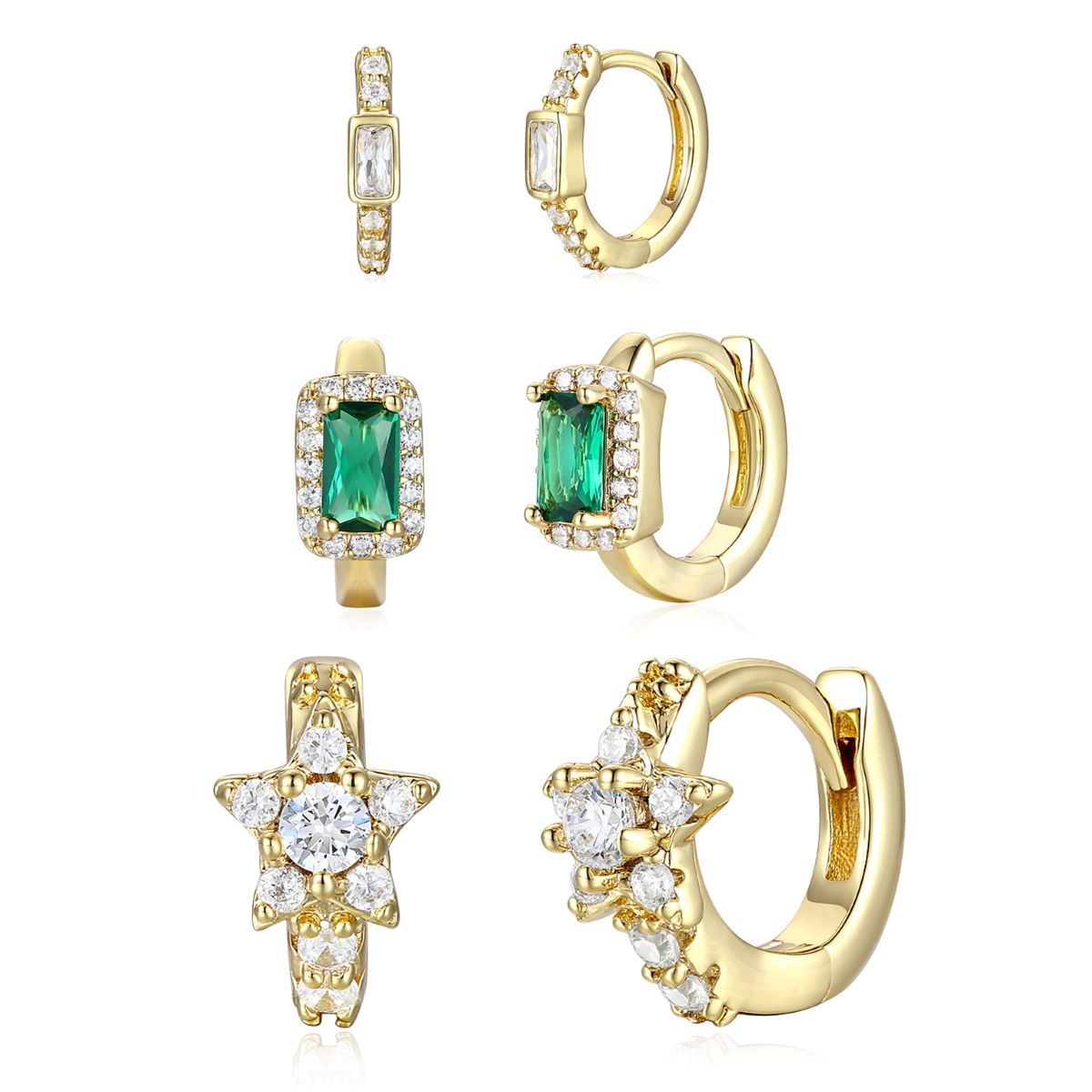 Rg 14k Gold Plated with Emerald & Diamond Cubic Zirconia Halo Star 3-Piece Hoop Earrings Set