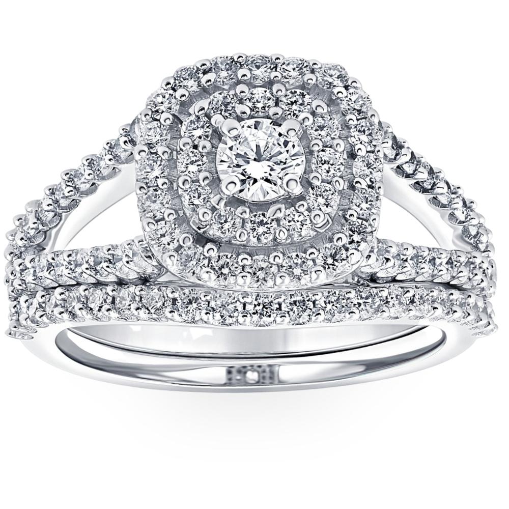 1 1/10 Ct Lab Grown Diamond Cushion Halo Engagement Wedding Ring Set White Gold