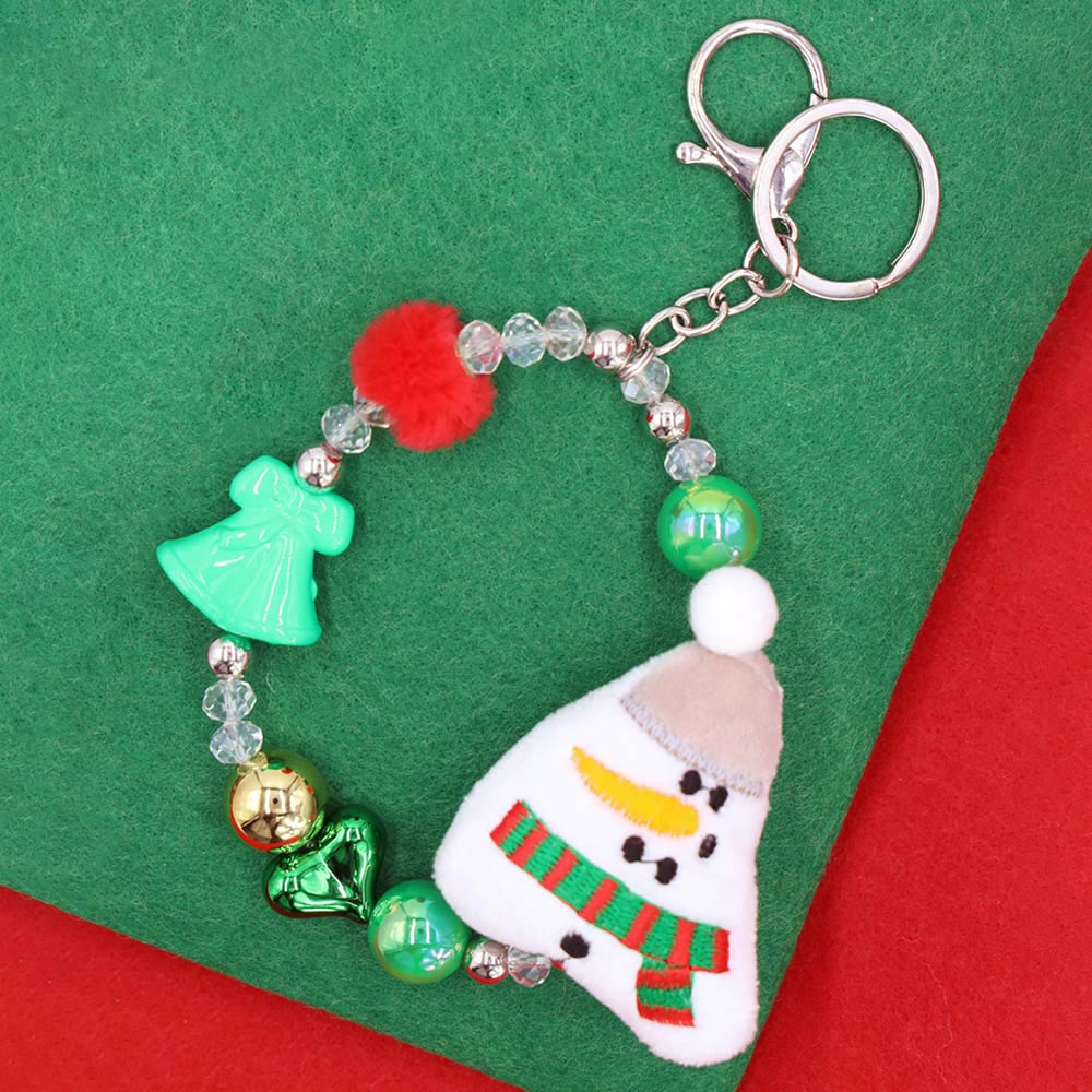 Snowman Plush Doll Pointed Charm Beaded Stretch Christmas Keychain Multi