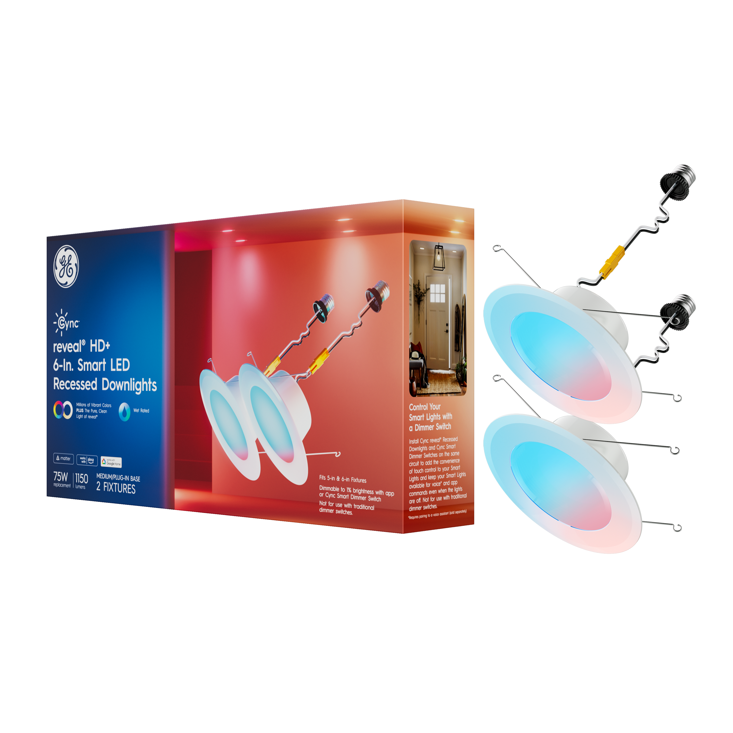 Cync - Reveal Smart LED Recessed Downlights, Color Changing, 6in, 2pk - Full Color