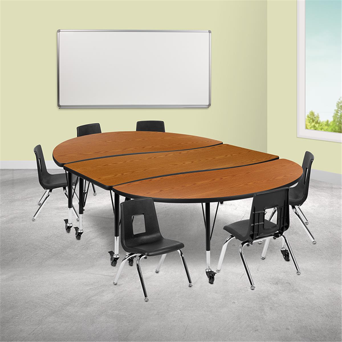 Flash Furniture  86 in. Mobile Oval Wave Flexible Laminate Activity Table Set with 12 in. Student Stack Chairs Oak & Black
