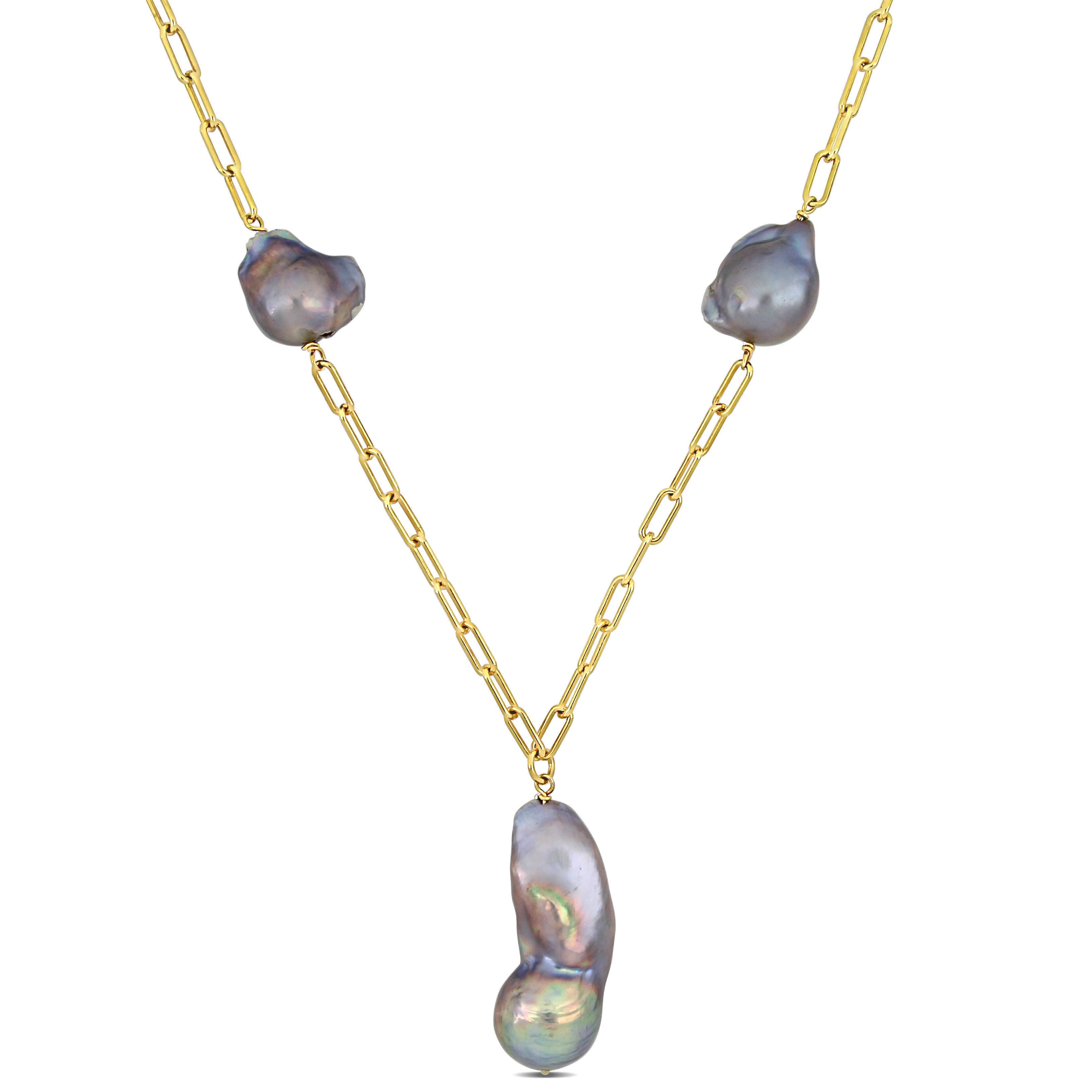 13-15 MM Grey Cultured Freshwater Baroque Pearl Lariat Necklace in 18k Yellow Gold Plated Sterling Silver