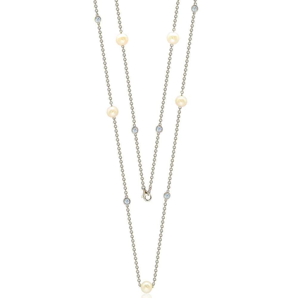 Suzy Levian Sterling Silver White Sapphire and Pearl By-the-Yard 26" Station Necklace
