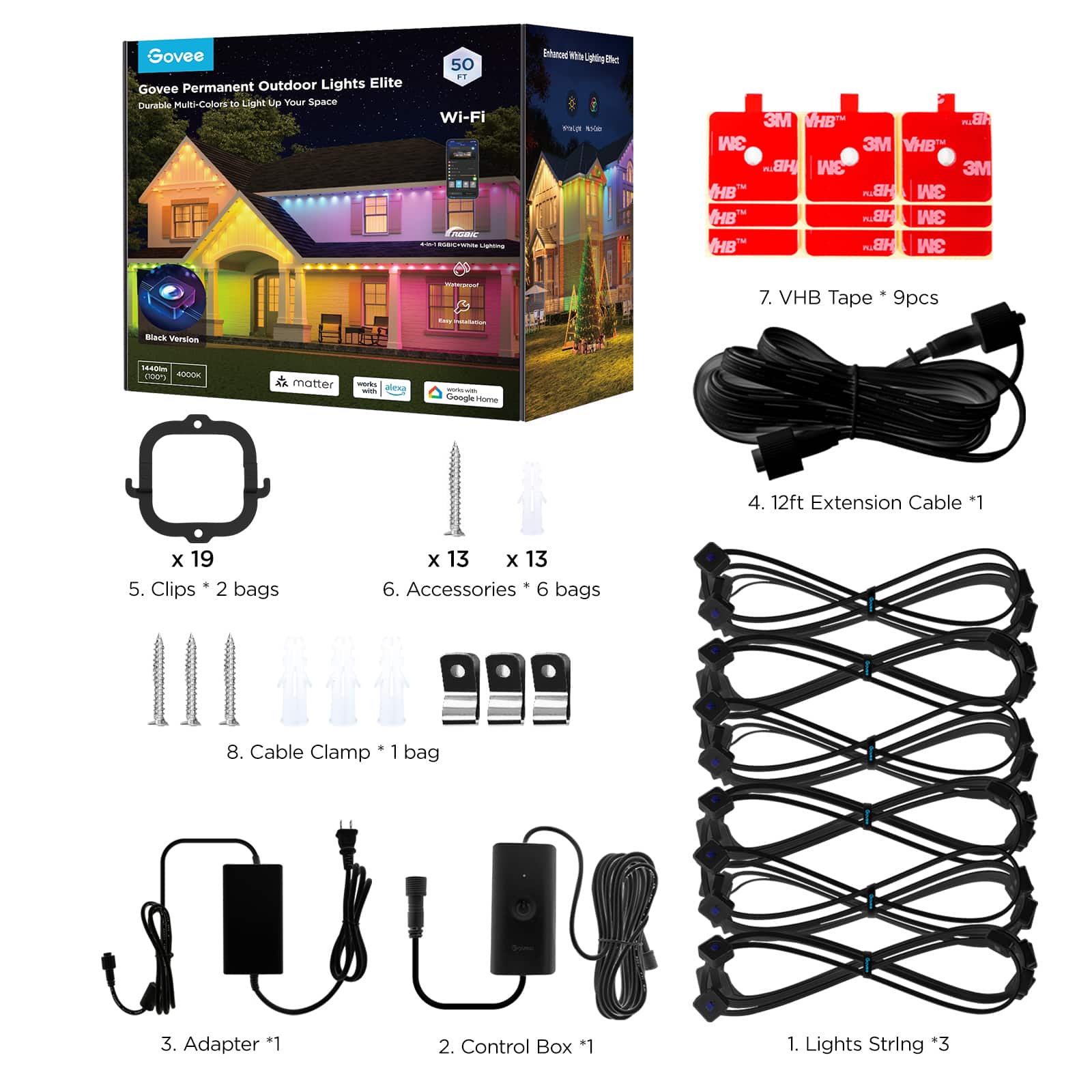 Govee - Wi-Fi RGBIC Outdoor Permanent String Lights 50ft - Black