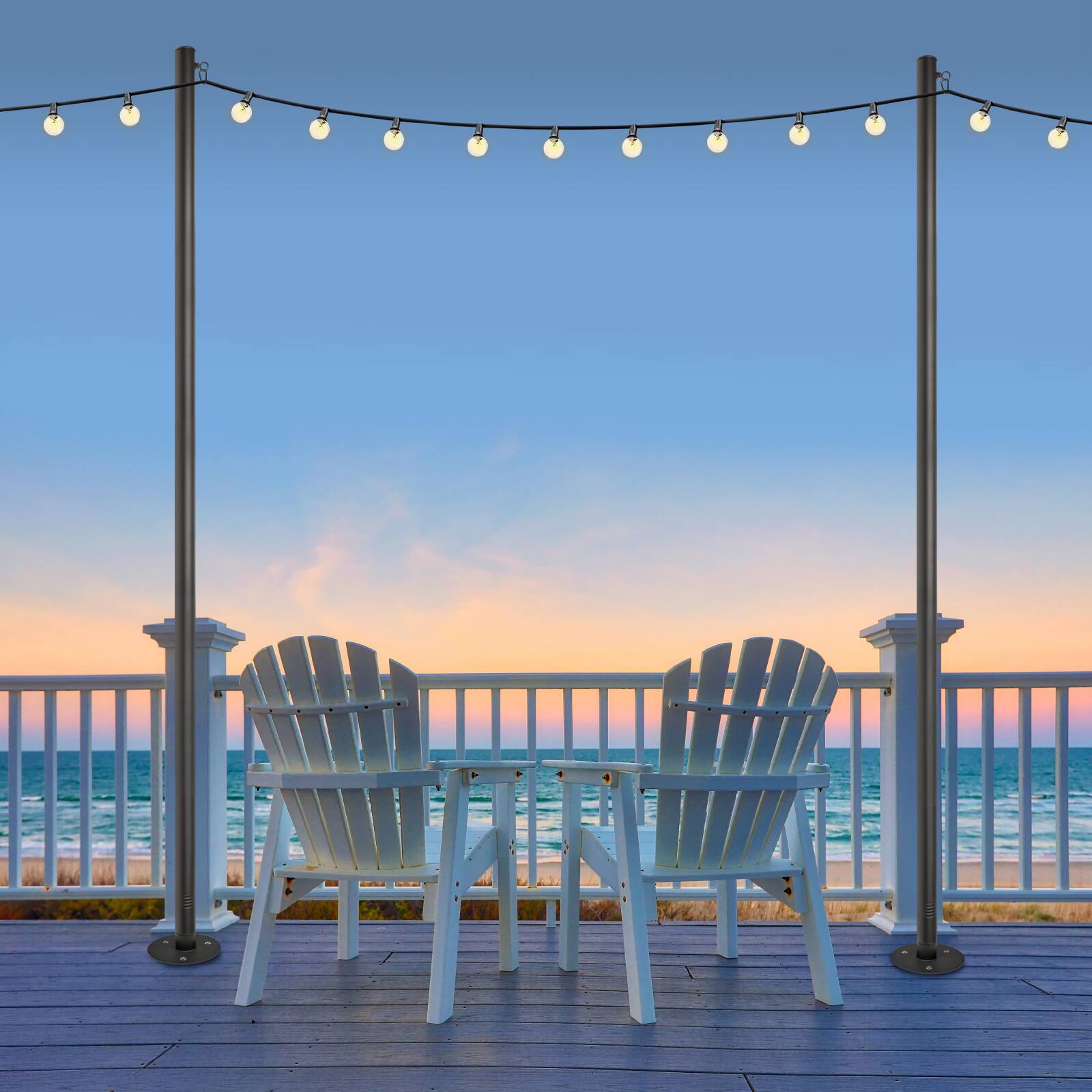 Excello Global Products - Premium String Light Poles - 2 Pack - Extends to 10 Feet – Deck Mount (Wood/Concrete) - Black