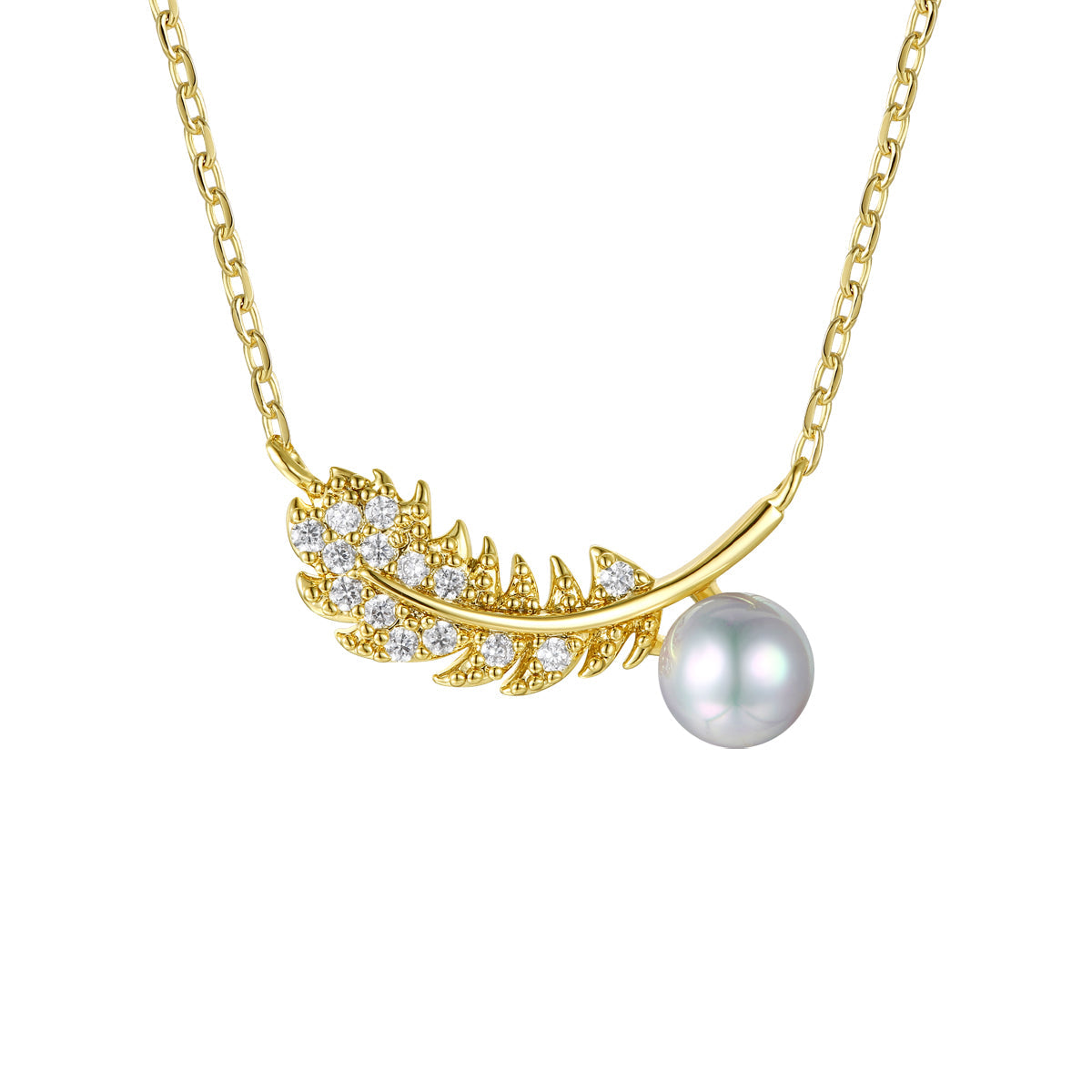 Rg 14k Gold Plated with Diamond Cubic Zirconia & Faux Pearl Fern Leaf Pendant Necklace