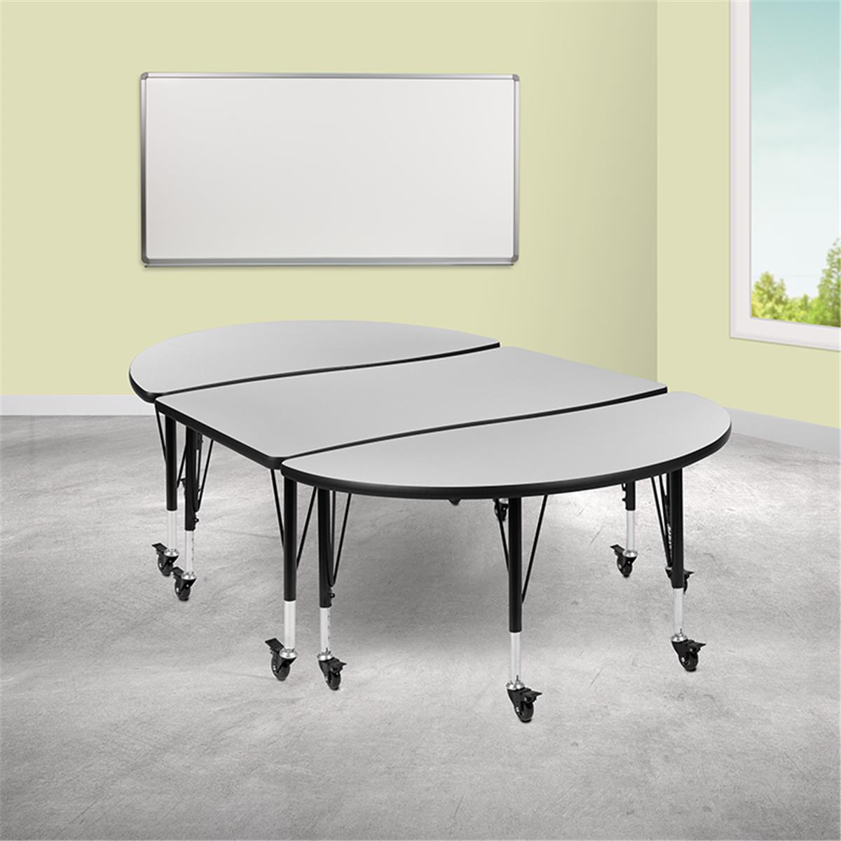 Flash Furniture  76 in. Mobile Oval Wave Flexible Thermal Laminate Activity Table Set with Height Adjustable Short Legs, Gray - 3 Piece