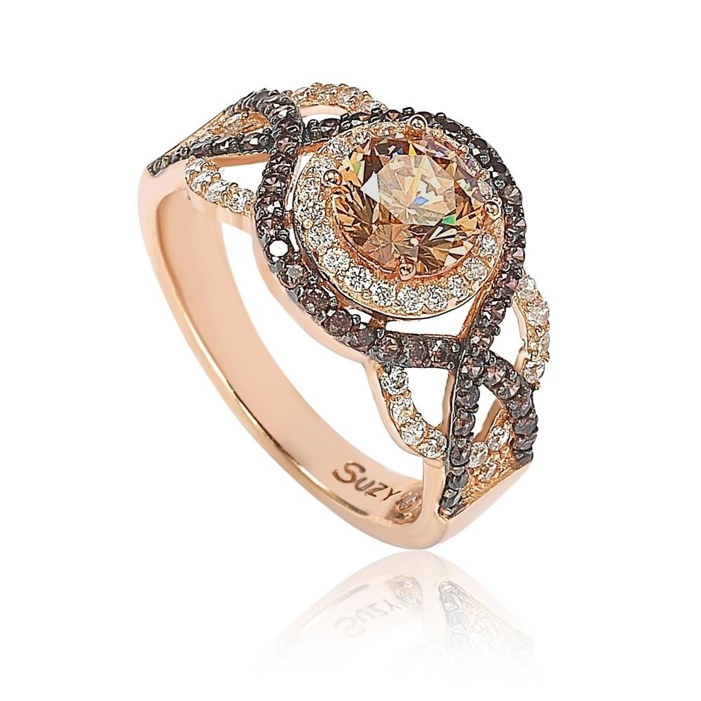 Suzy Levian Rosed Sterling Silver Brown Cubic Zirconia Crossover Bridal Ring - Brown/White