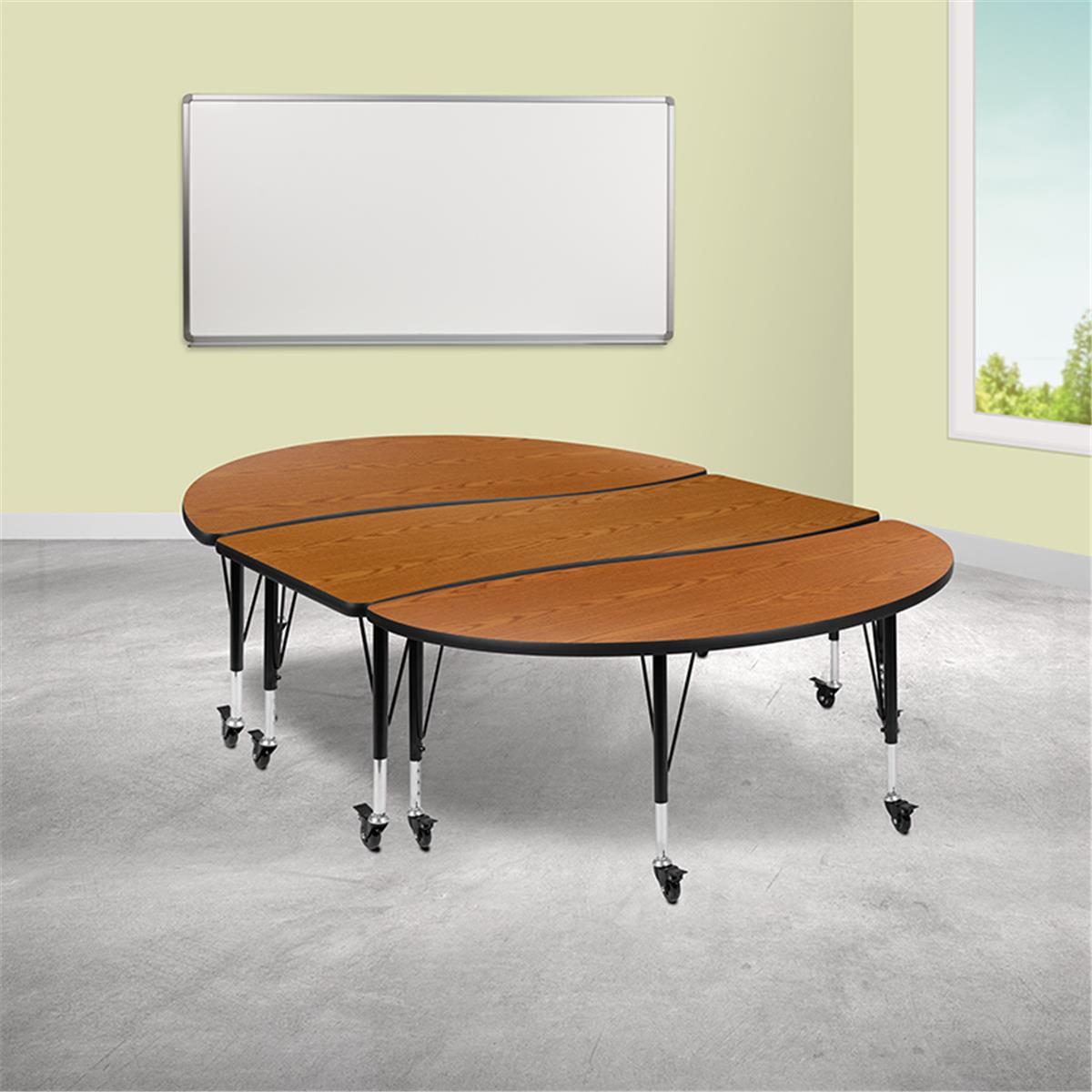 Flash Furniture  86 in. Mobile Oval Wave Flexible Thermal Laminate Activity Table Set with Height Adjustable Short Legs, Oak - 3 Piece
