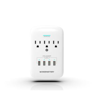 Monster-Essentials-5015W Monster Wall Plug 3 Outlet 4 USB Surge Protector - White