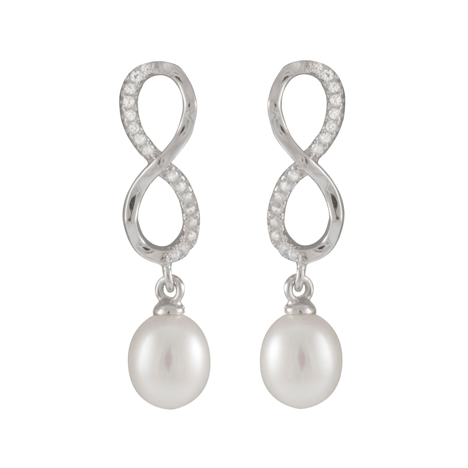 Infinity Shaped 7.5-8mm Pearl Earrings Set In Sterling Silver