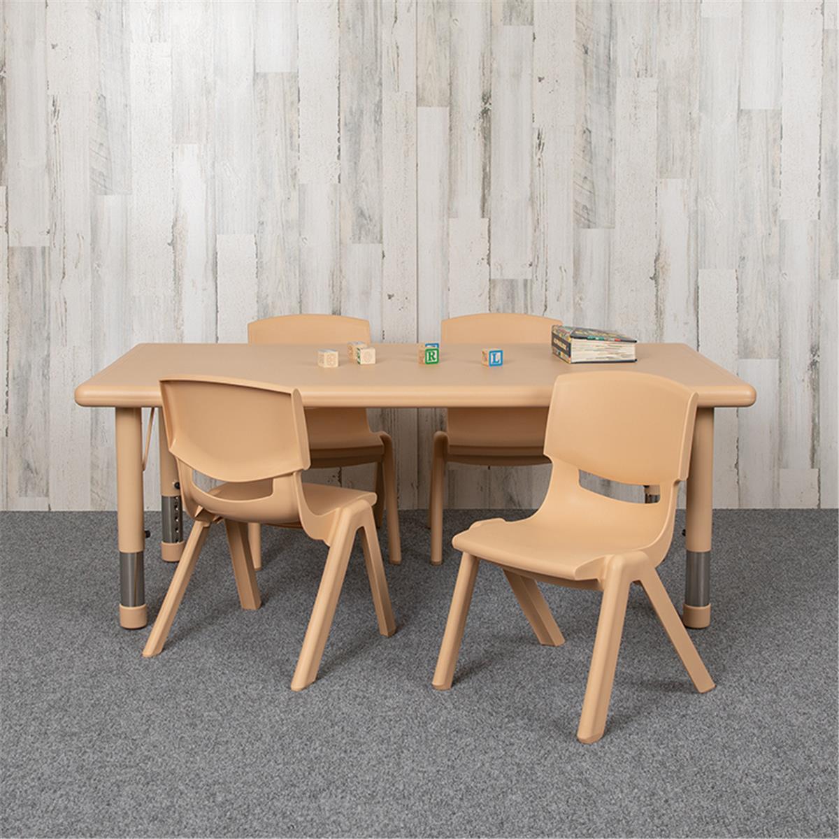 Flash Furniture  24 x 48 in. Rectangular Plastic Height Adjustable Activity Table Set with 4 Chairs, Natural Color