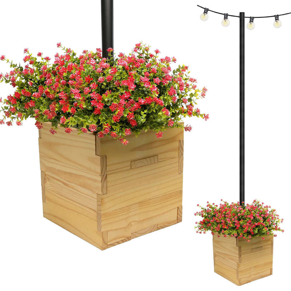 Excello Global Products - Large 14"x14"x14" Wooden Planter Box and String Light Pole Set - Brown