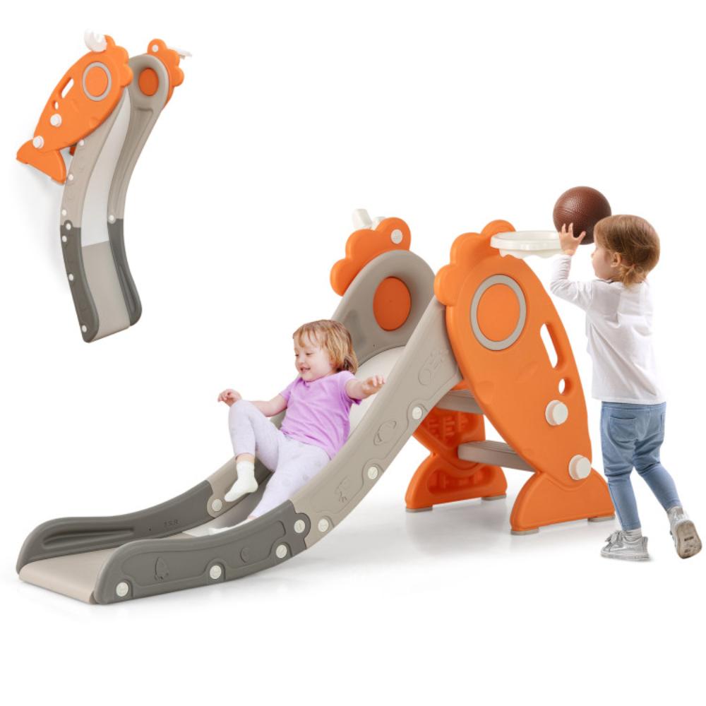 Hivvago 4 in 1 Indoor Slide for Kids Age 3+ Years with Basketball Hoop and Rings-Orange