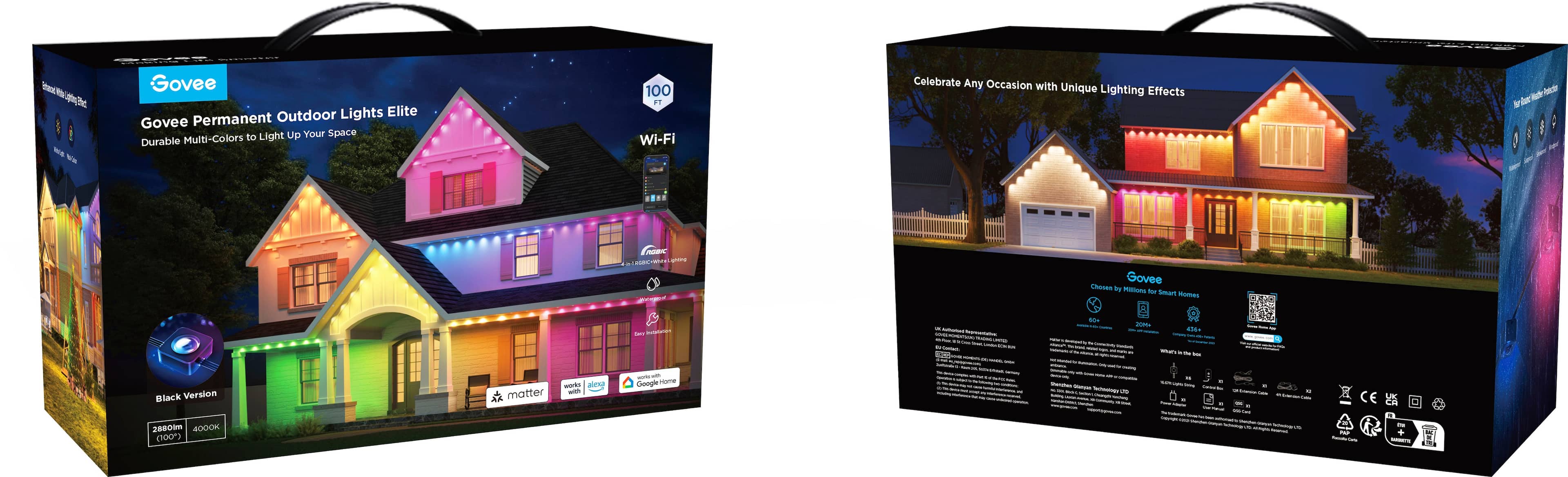 Govee - Wi-Fi RGBIC Outdoor Permanent String Lights 100ft - Black