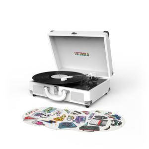 VSC-400SB-CNV-SDF Victrola Bluetooth Suitcase Turntable Canvas with Custom Stickers and Stencils (White)