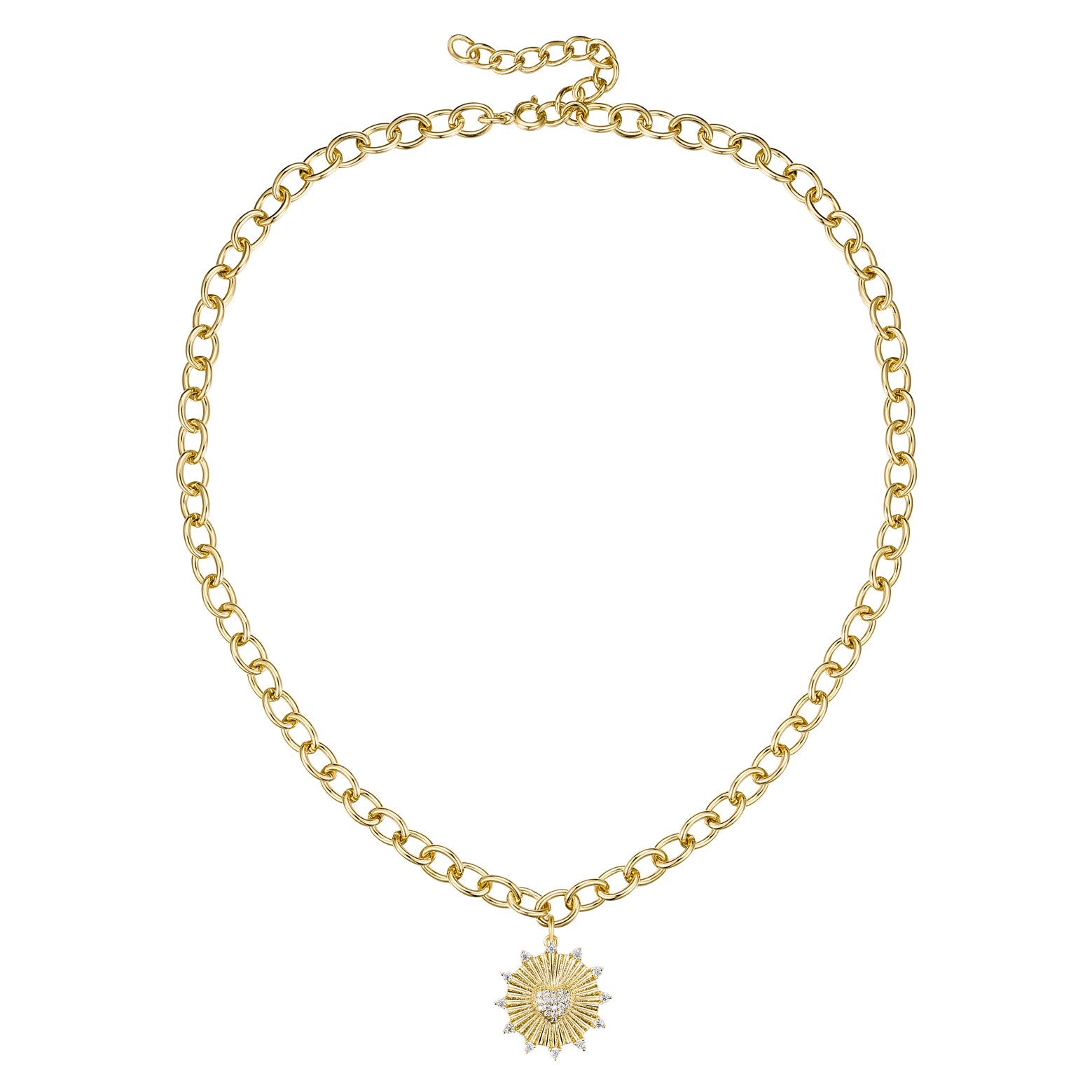 Rg 14k Gold Plated with Diamond Cubic Zirconia Vintage Shield Sunshine Pendant Curb Chain Adjustable Necklace