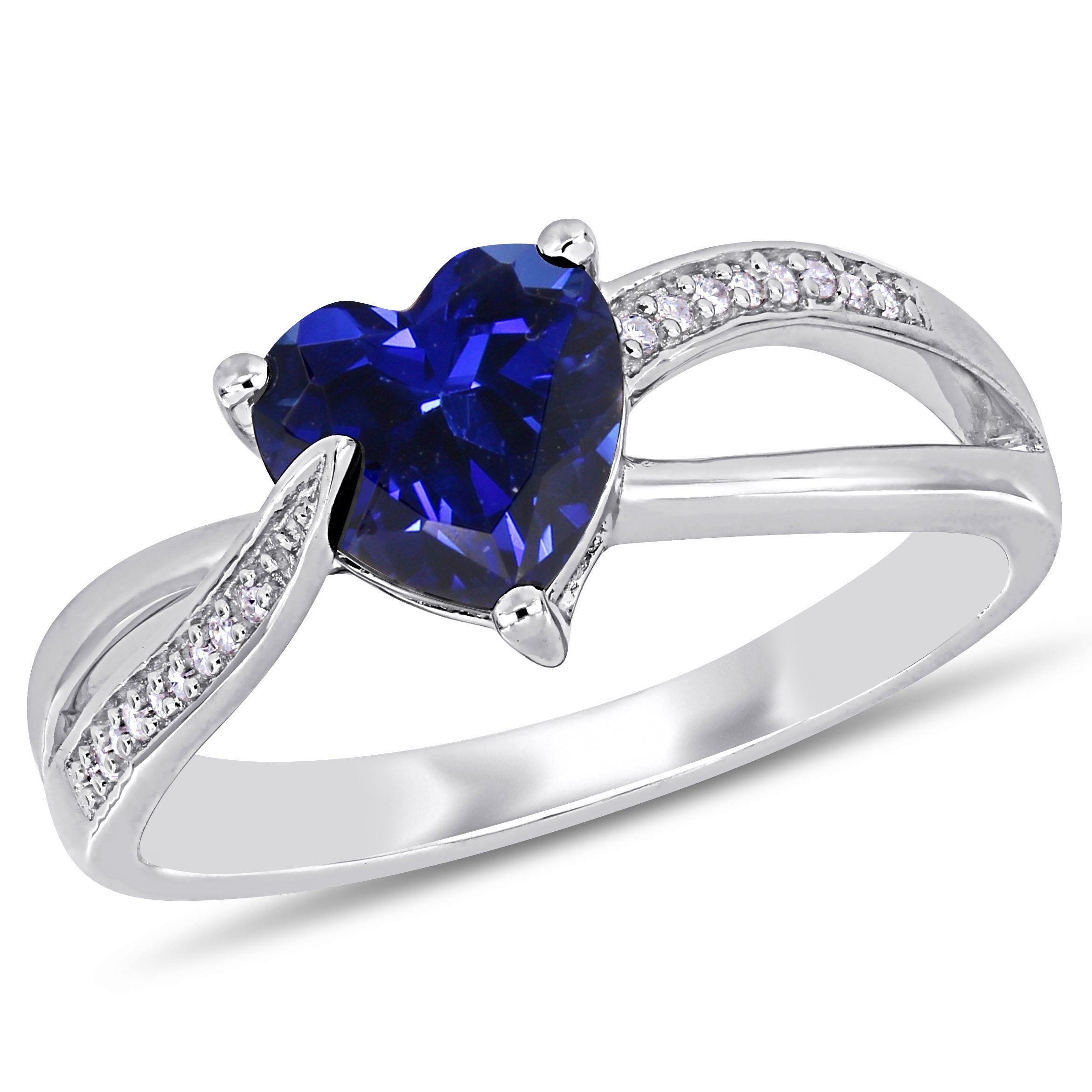 1 7/8 CT TGW Created Blue Sapphire and Diamond Heart Crossover Ring in Sterling Silver