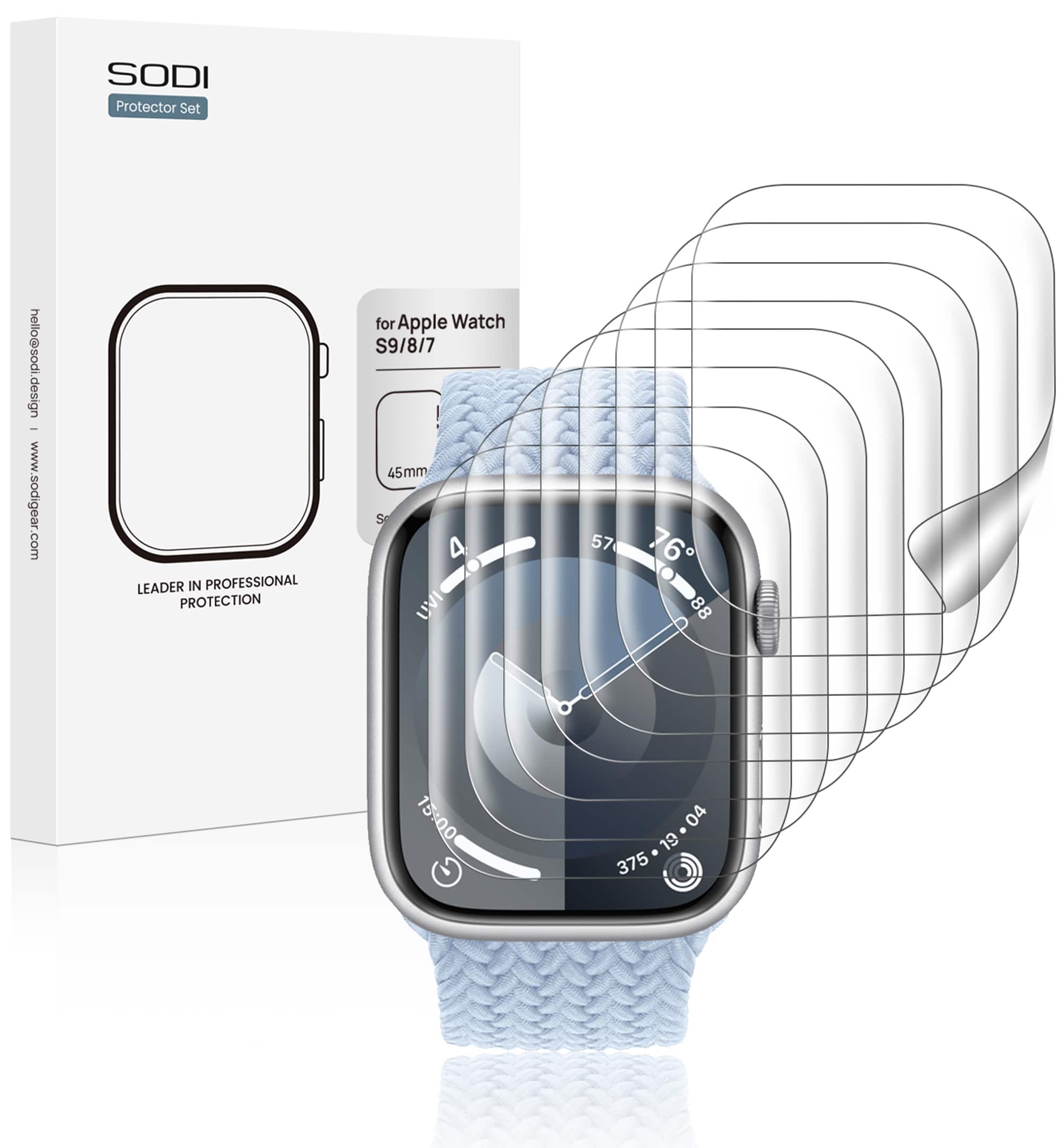 Sodi - 8 Pack for Apple Watch Screen Protector 45mm Series 9/8/7, Anti-Scratch, Touch Sensitive, Soft HD TPU Film, Bubble Free - Clear