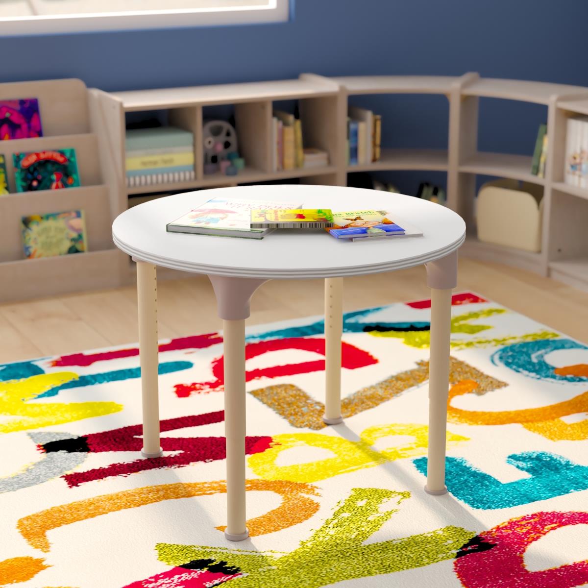 Flash Furniture  33 in. Bright Beginnings Round Commercial Grade Wooden Adjustable Height Classroom Activity Table - Metal Legs Adjust From 15-23 in. Beech & White