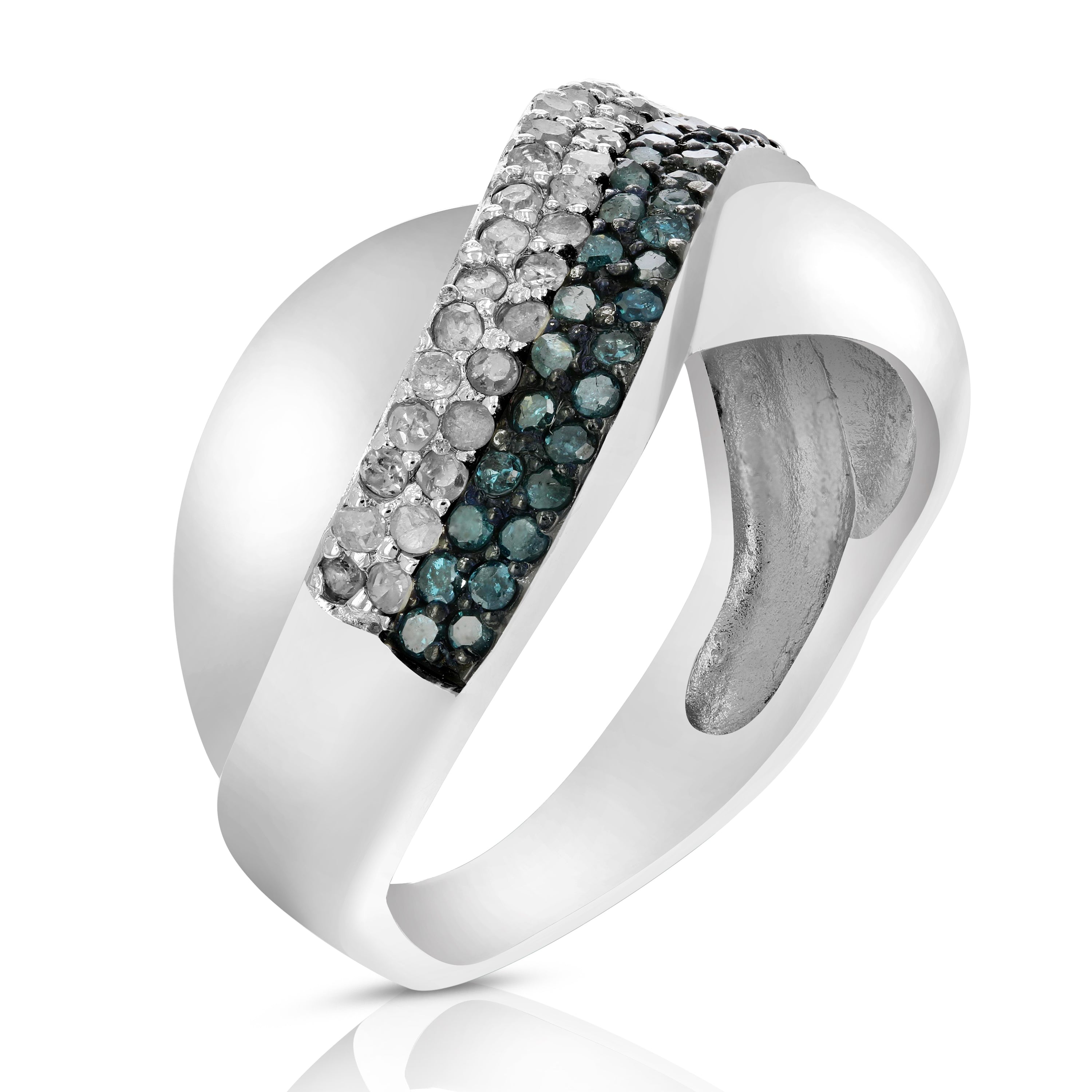 2/3 cttw Blue and White Diamond Wedding Band .925 Sterling Silver Rhodium