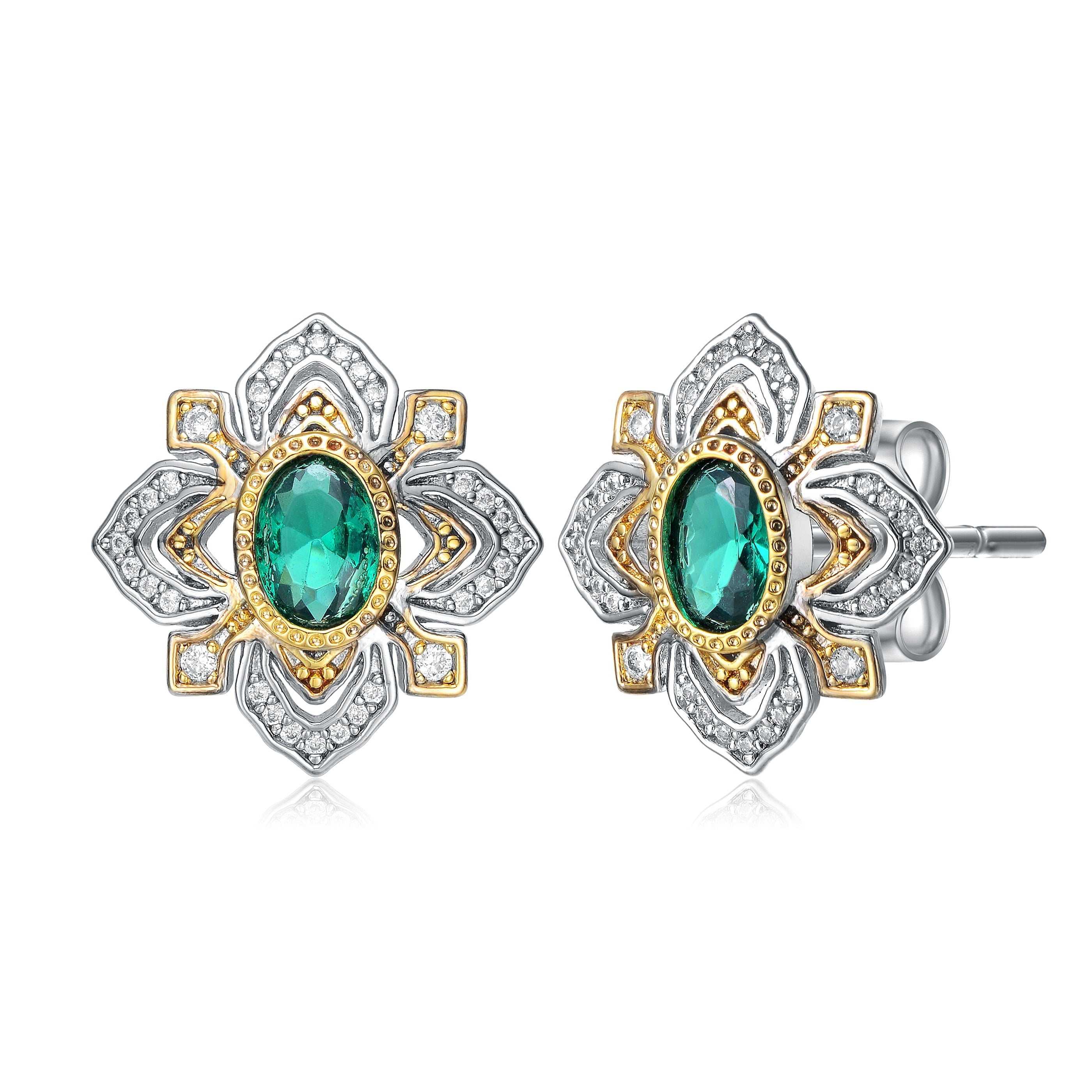 Rachel Glauber Rhodium And 14k Gold Plated Emerald Cubic Zirconia Stud Earrings