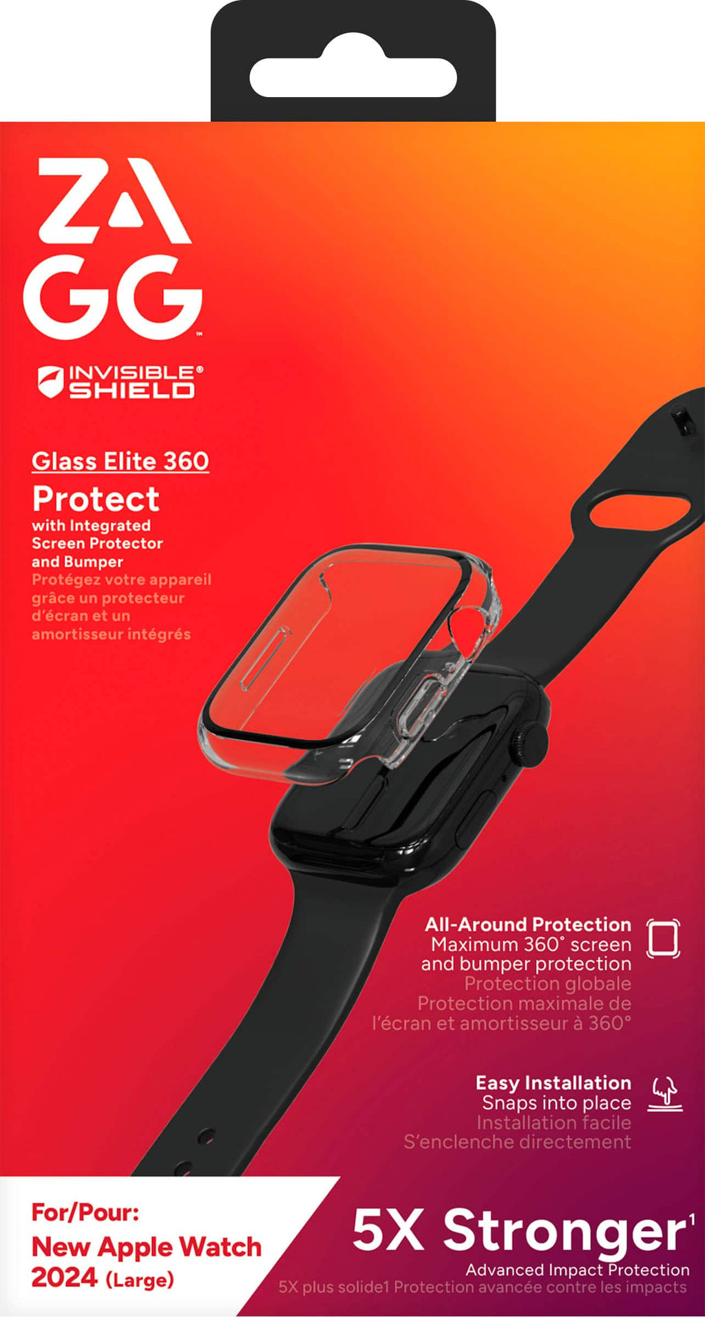 ZAGG - InvisibleShield Glass Elite 360 Integrated Bumper + Screen Protection for Apple Watch Series 11/10 Large - Clear
