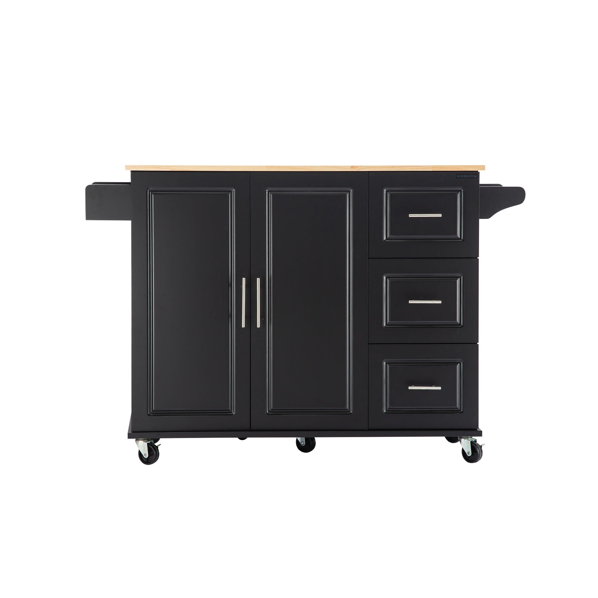 Hivvago 3 Drawers Rubber Wooden Top Utility Kitchen Cart With Adjustable Shelf- Black