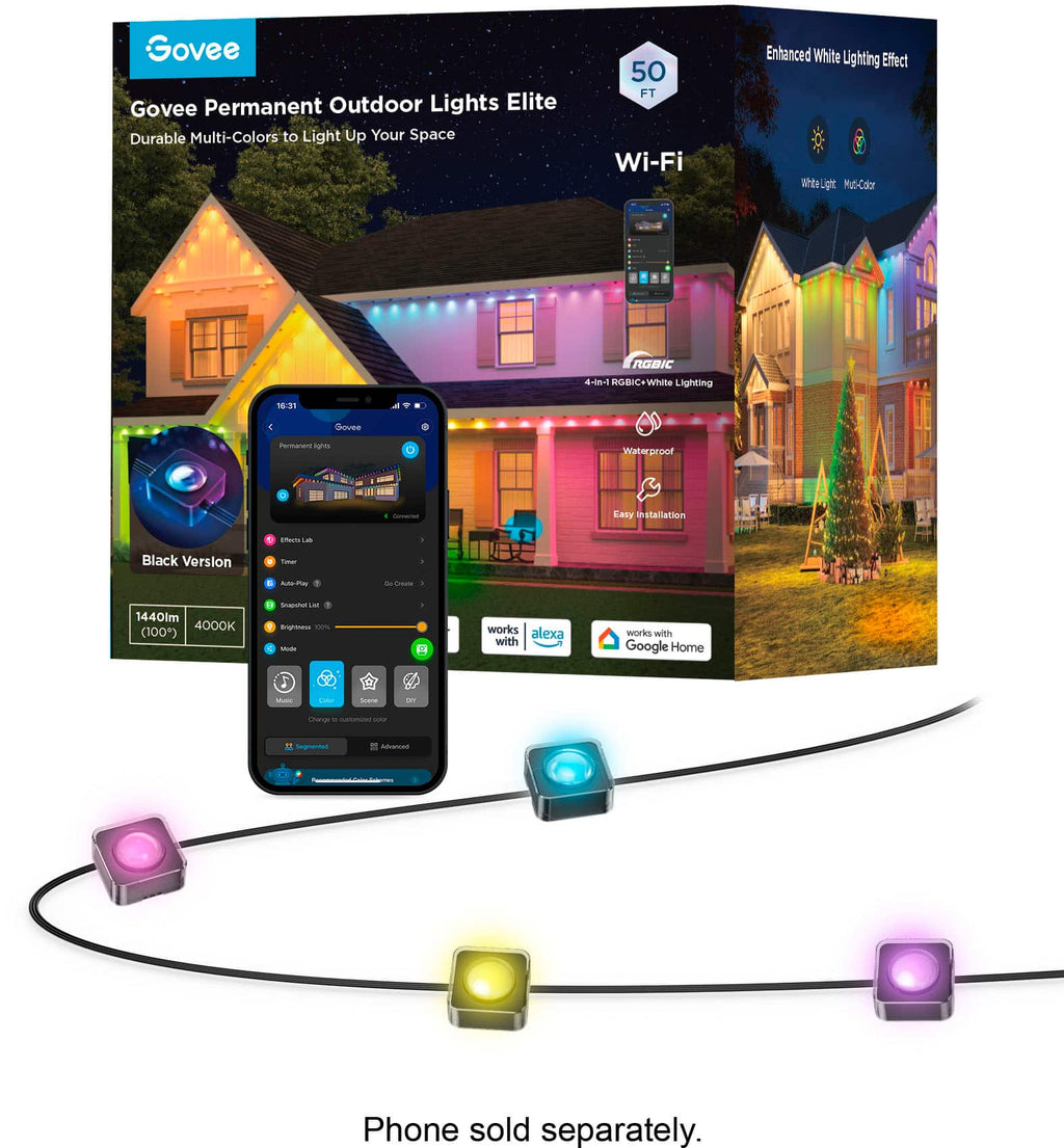 Govee - Wi-Fi RGBIC Outdoor Permanent String Lights 50ft - Black