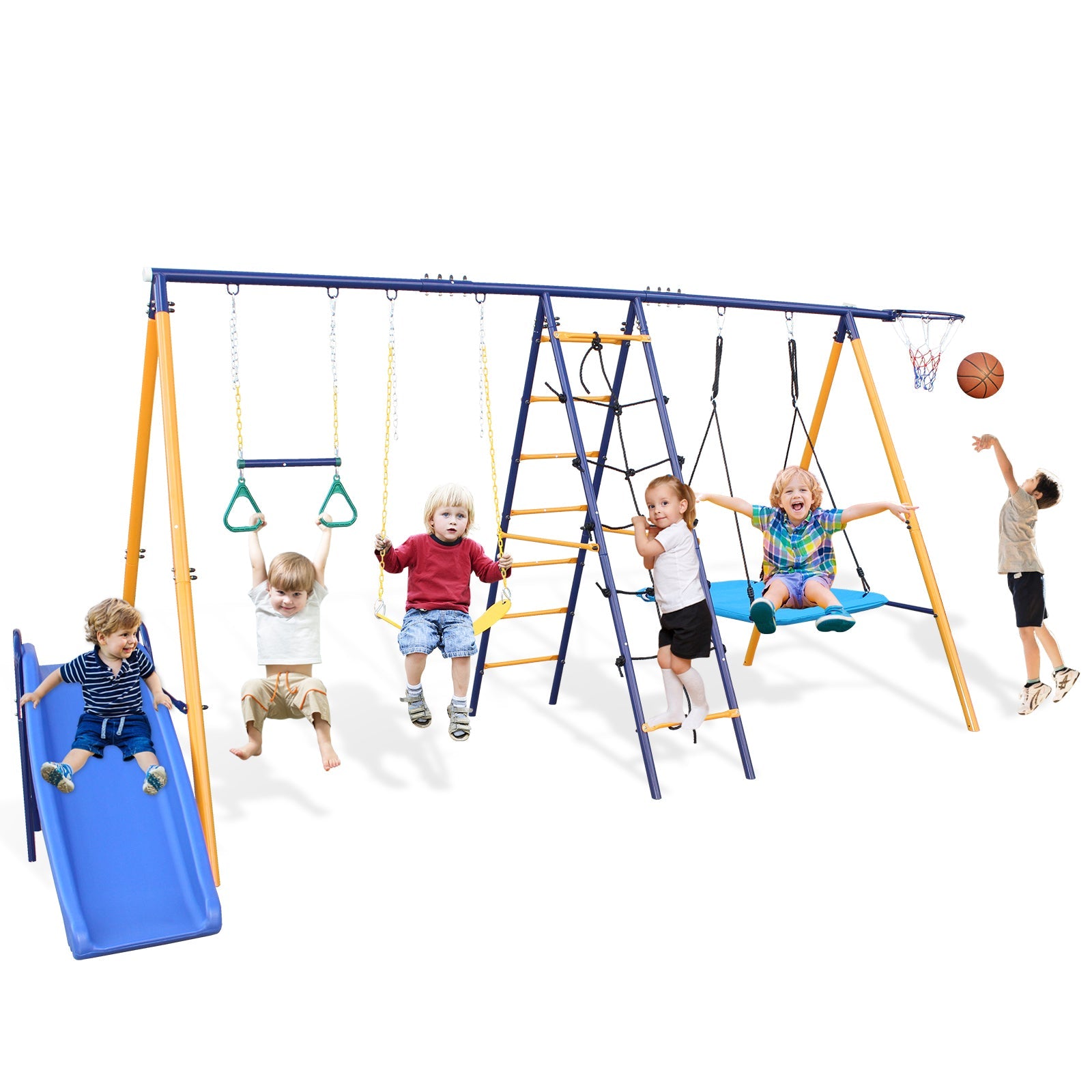 Streamdale 500 lbs 7 in 1 Swing Set for Kids Backyard Outdoor A-Frame Heavy-Duty Metal Swing Sets with Slide