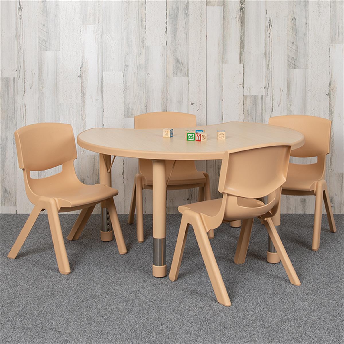 Flash Furniture  25.125 x 35.5 in. Crescent Plastic Height Adjustable Activity Table Set with 4 Chairs, Natural Color