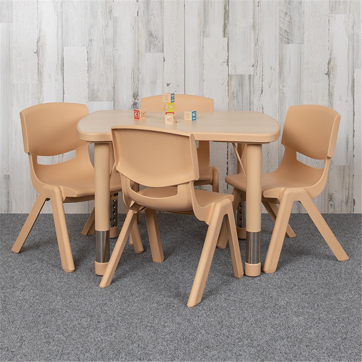 Flash Furniture  21.87 x 26.625 in. Rectangular Plastic Height Adjustable Activity Table Set with 4 Chairs, Natural Color