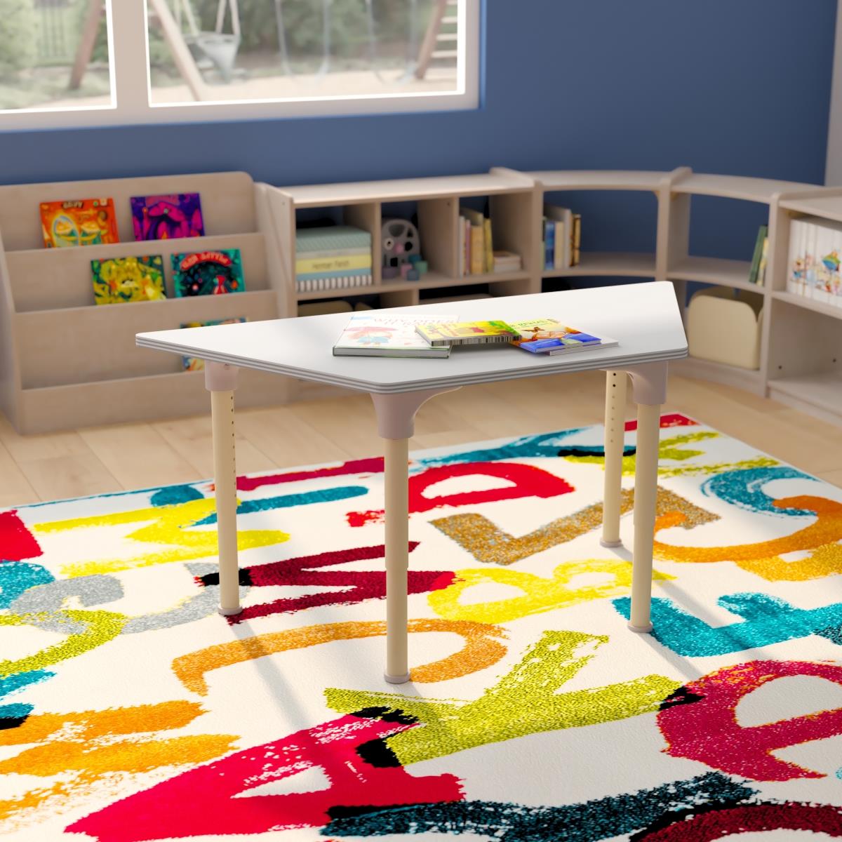 Flash Furniture  47 in. Bright Beginnings Commercial Grade Wooden Trapezoid Adjustable Height Classroom Activity Table - Metal Legs Adjust From 15-23 in. Beech & White