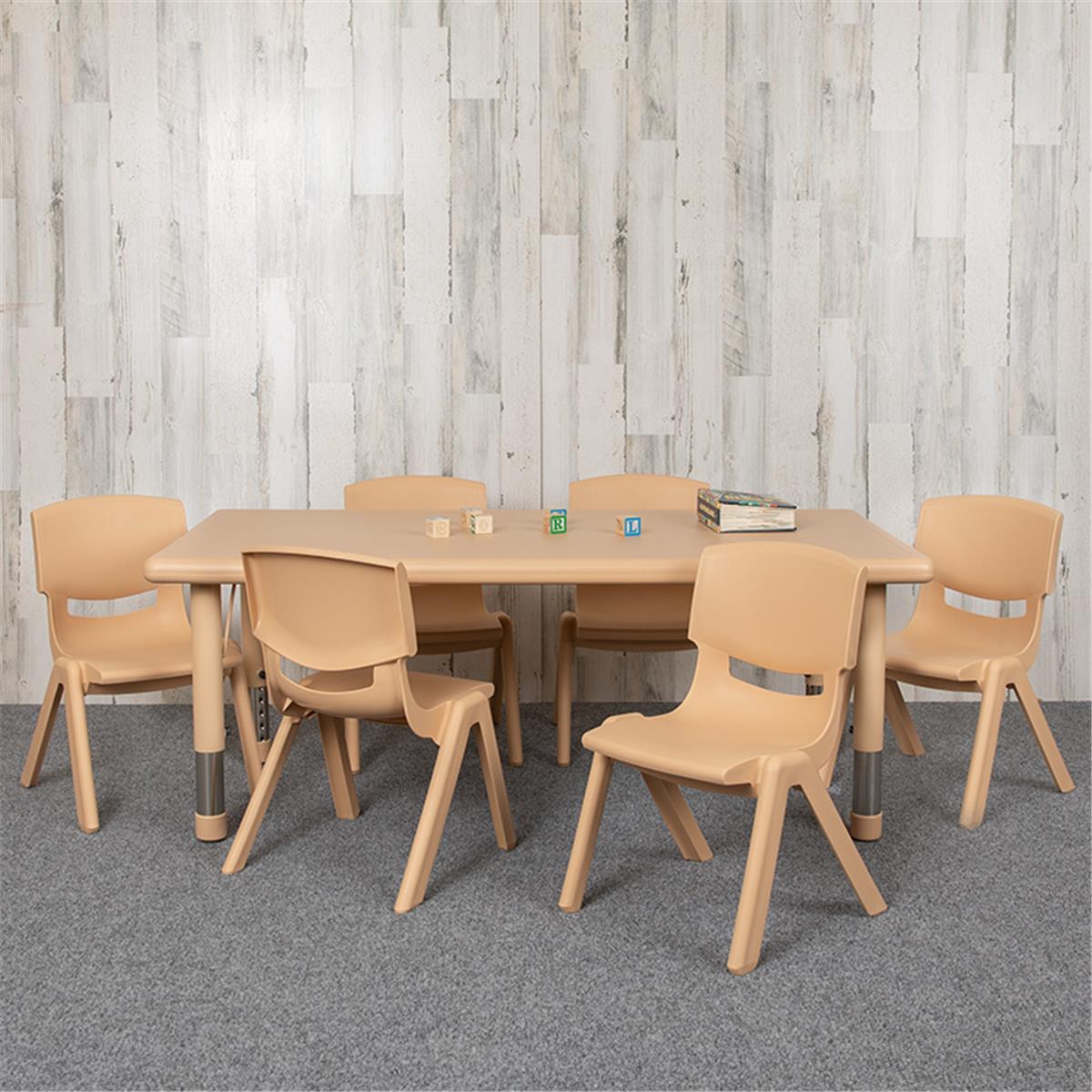 Flash Furniture  24 x 48 in. Rectangular Plastic Height Adjustable Activity Table Set with 6 Chairs, Natural Color