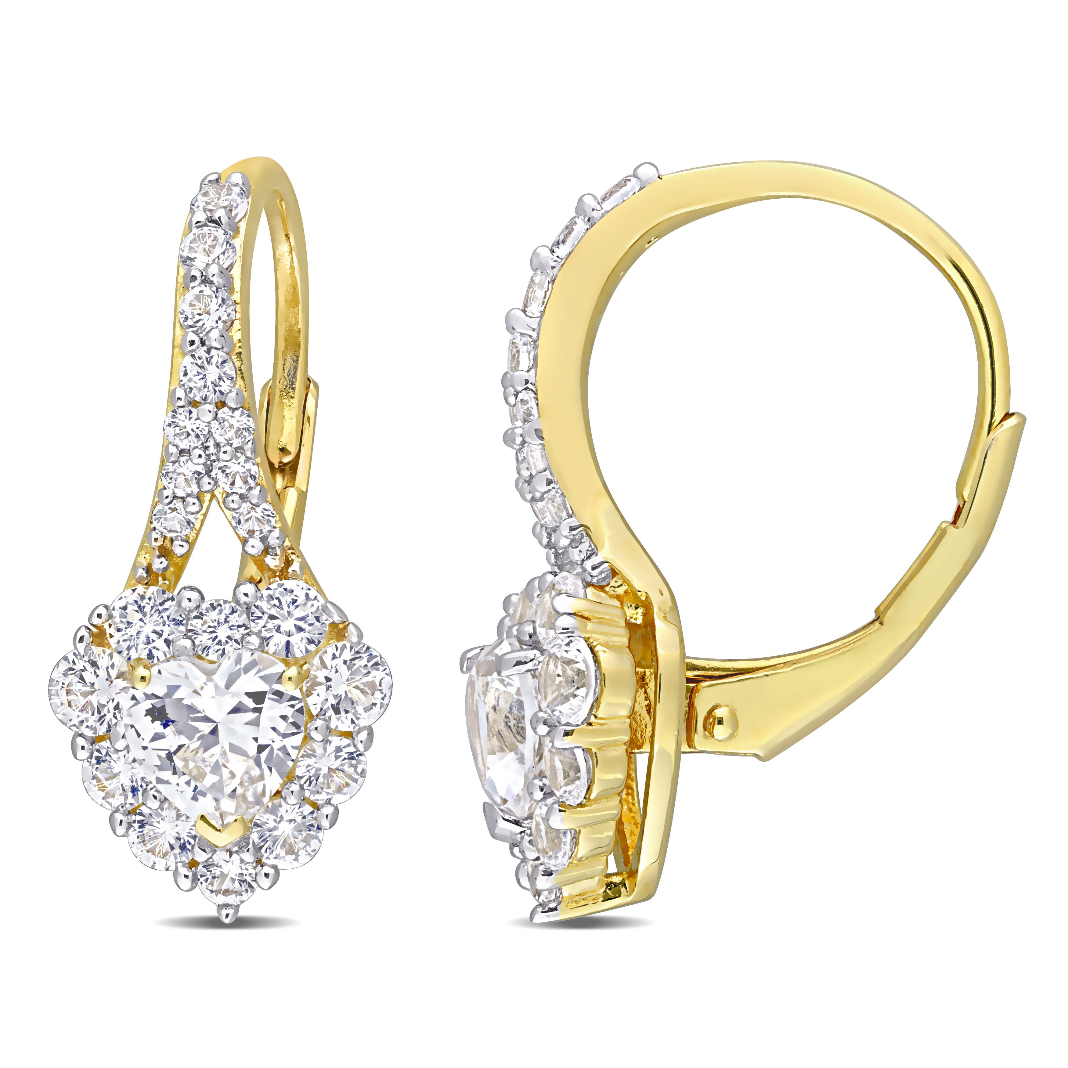 2 2/5 CT TGW Created White Sapphire Halo Heart Leverback Earrings in Yellow Plated Sterling Silver