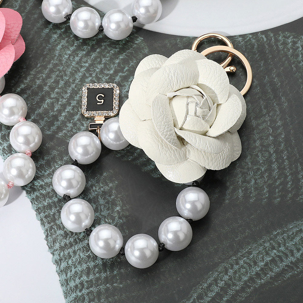 Faux Leather Rose Chunky Pearl Beaded Link Keychain / Bag Charm