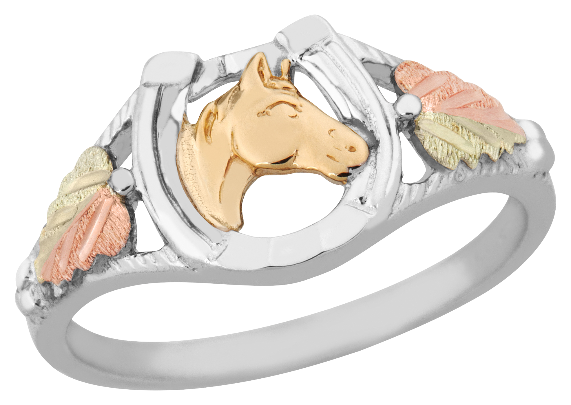 Mt. Rushmore Black Hills Gold and Sterling Silver Horse and Horseshoe Ring for Ladies