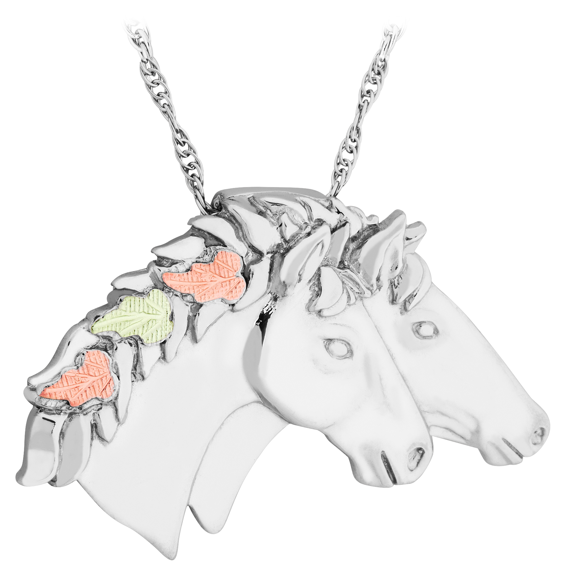 Mt. Rushmore Black Hills Gold on Sterling Silver Two Horses Pendant Necklace