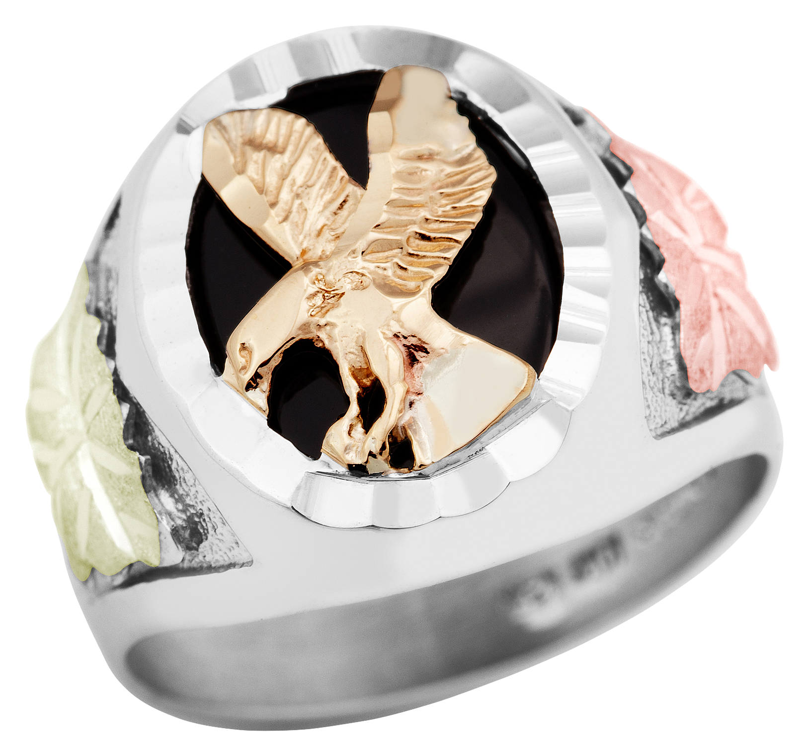 Landstrom's Black Hills Gold on Sterling Silver Landing Eagle Onyx Ring for Men