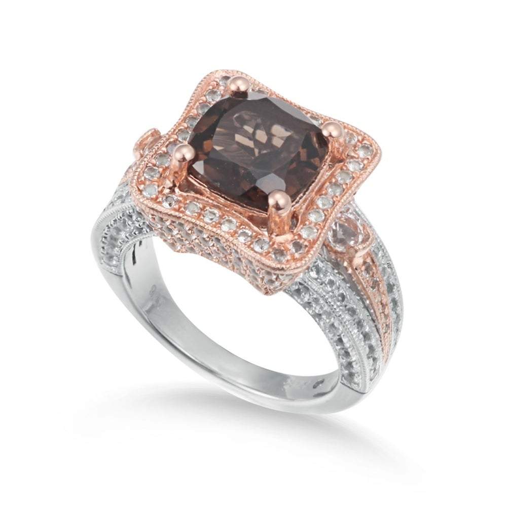 Suzy Levian Two-Tone Sterling Silver 5.48 cttw Cushion cut Smoky Quartz Ring