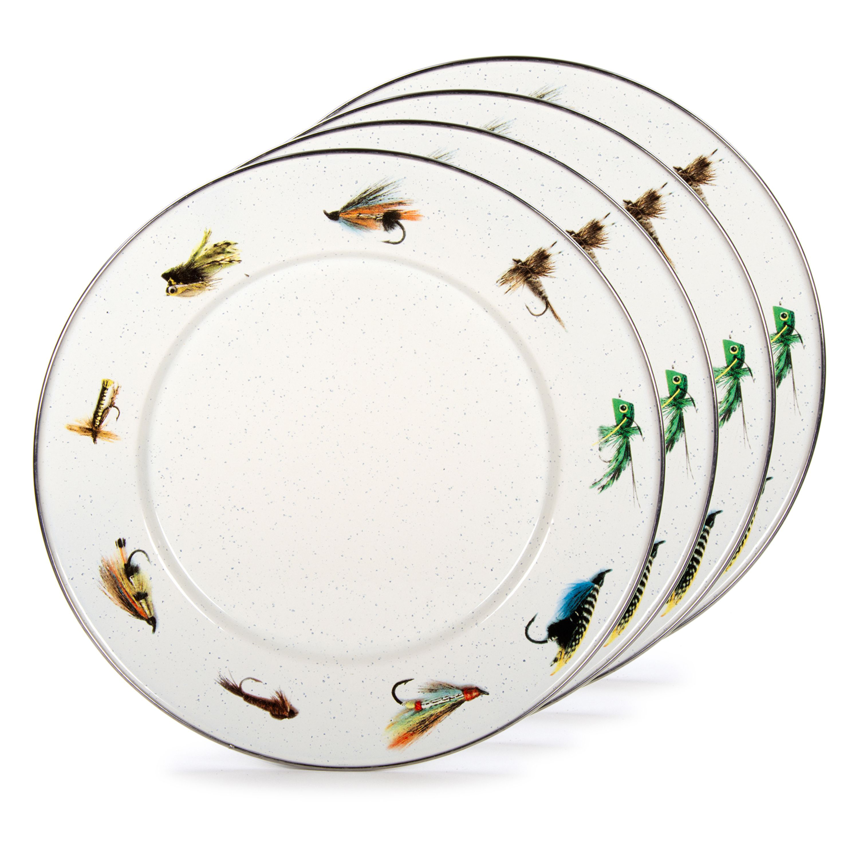 Golden Rabbit Enamelware Fishing Fly 4-Piece Sandwich Plate Set