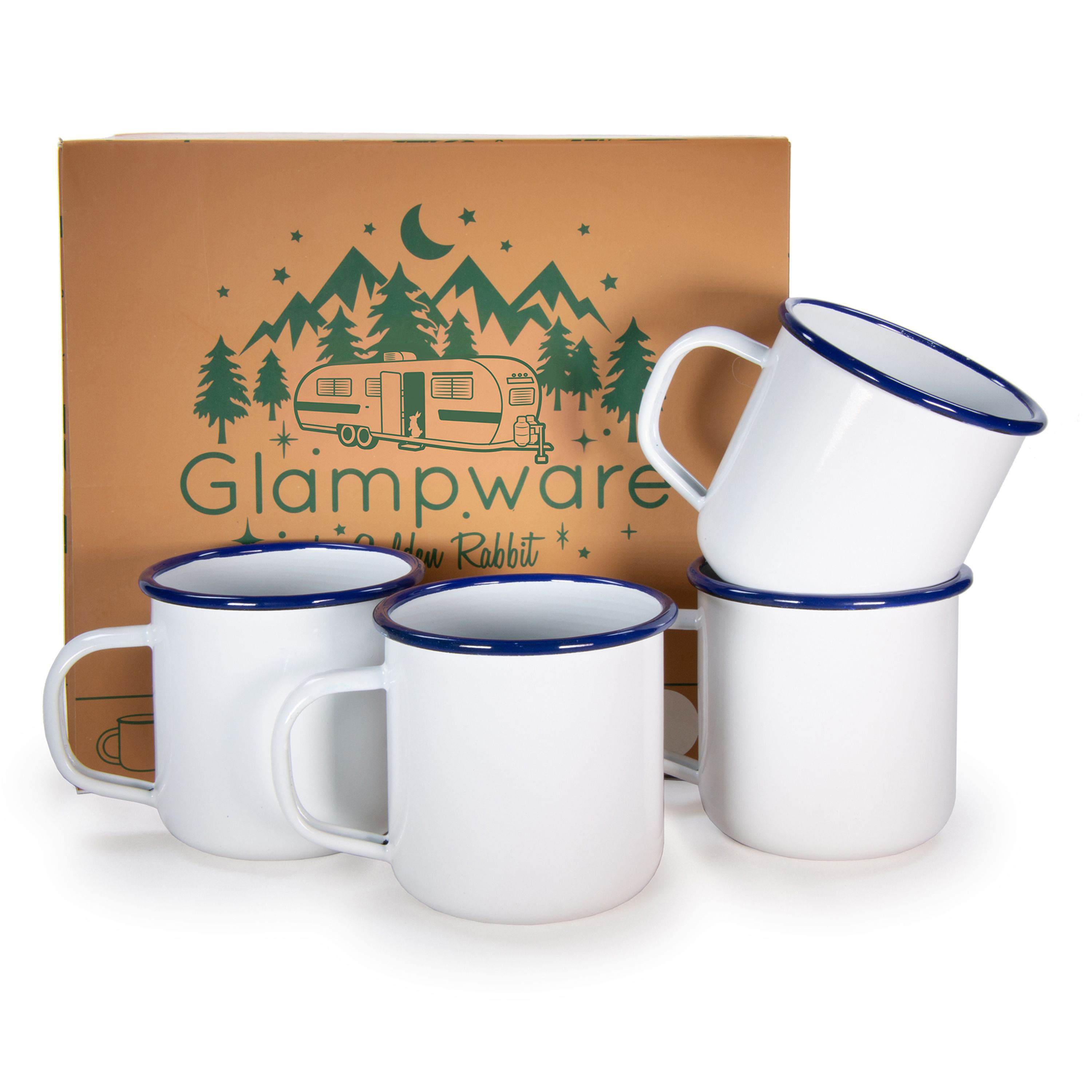 Golden Rabbit Enamelware Glampware Rolled Cobalt Rim 4-Piece Mug Set