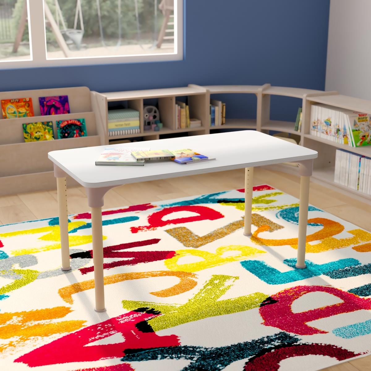 Flash Furniture  23.5 x 47 in. Bright Beginnings Commercial Wooden Rectangle Adjustable Height Classroom Activity Table - Metal Legs Adjust From 15-23 in. Beech & White