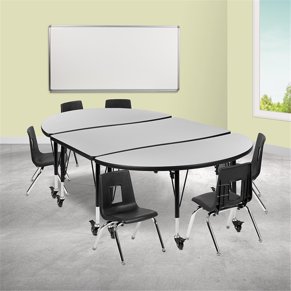 Flash Furniture  76 in. Mobile Oval Wave Flexible Laminate Activity Table Set with 14 in. Student Stack Chairs Grey & Black