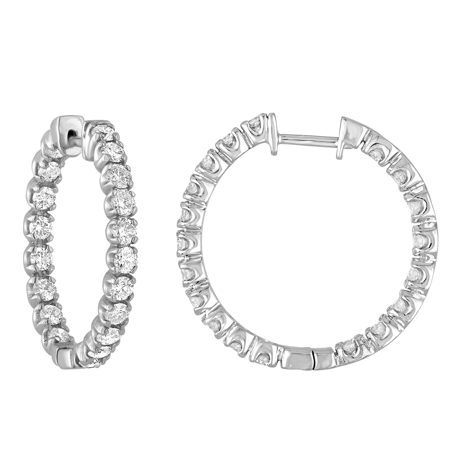 3 cttw Diamond Inside Out Hoop Earrings 14K White Gold Round Prong Set 1 Inch