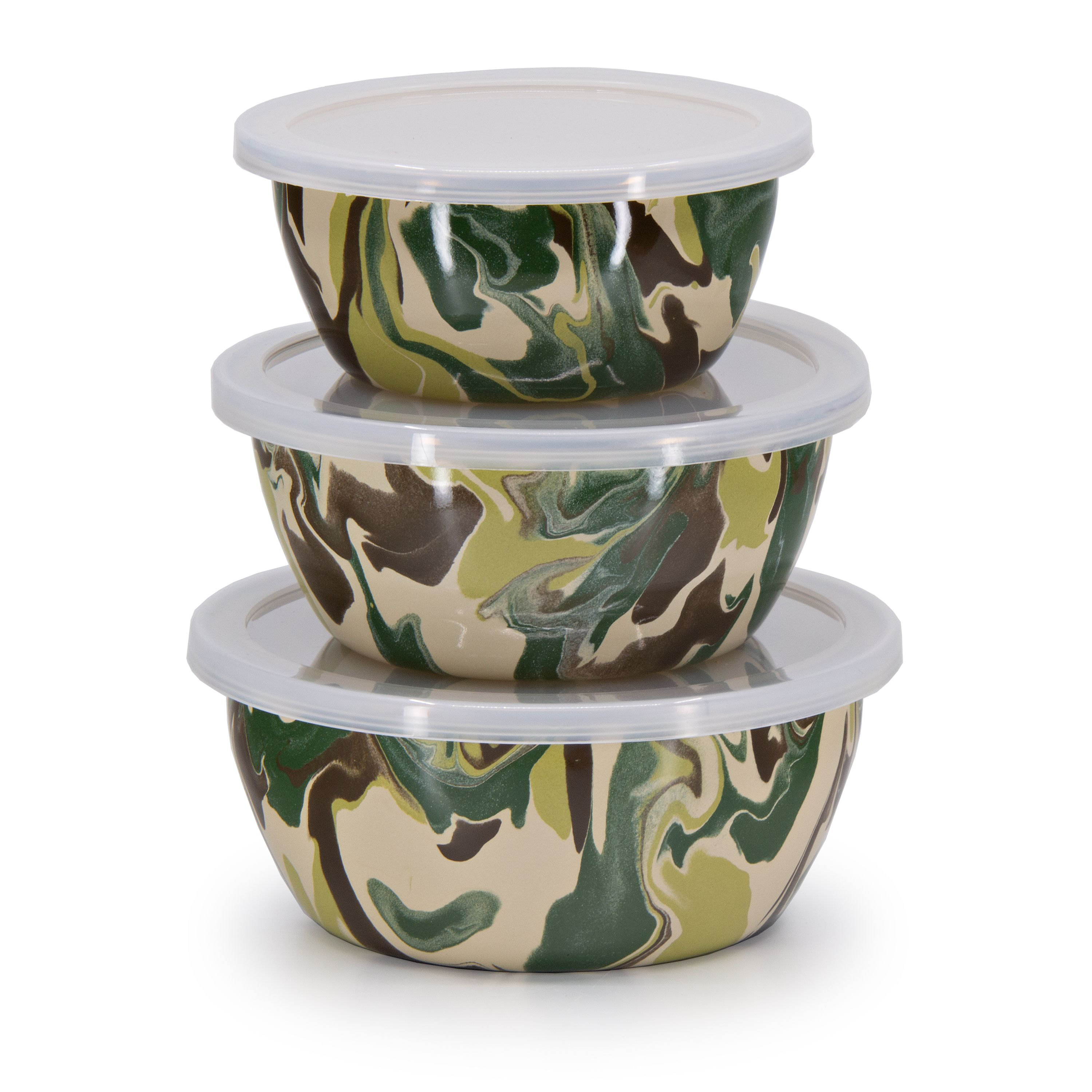 Golden Rabbit Camouflage Enamelware 3 Nesting Bowls with Lids