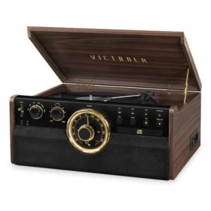 Victrola VTA-270B-ESP 6-in-1 Wood Bluetooth Mid Century Record Player with 3-Speed Turntable, CD, Cassette Player-Espresso