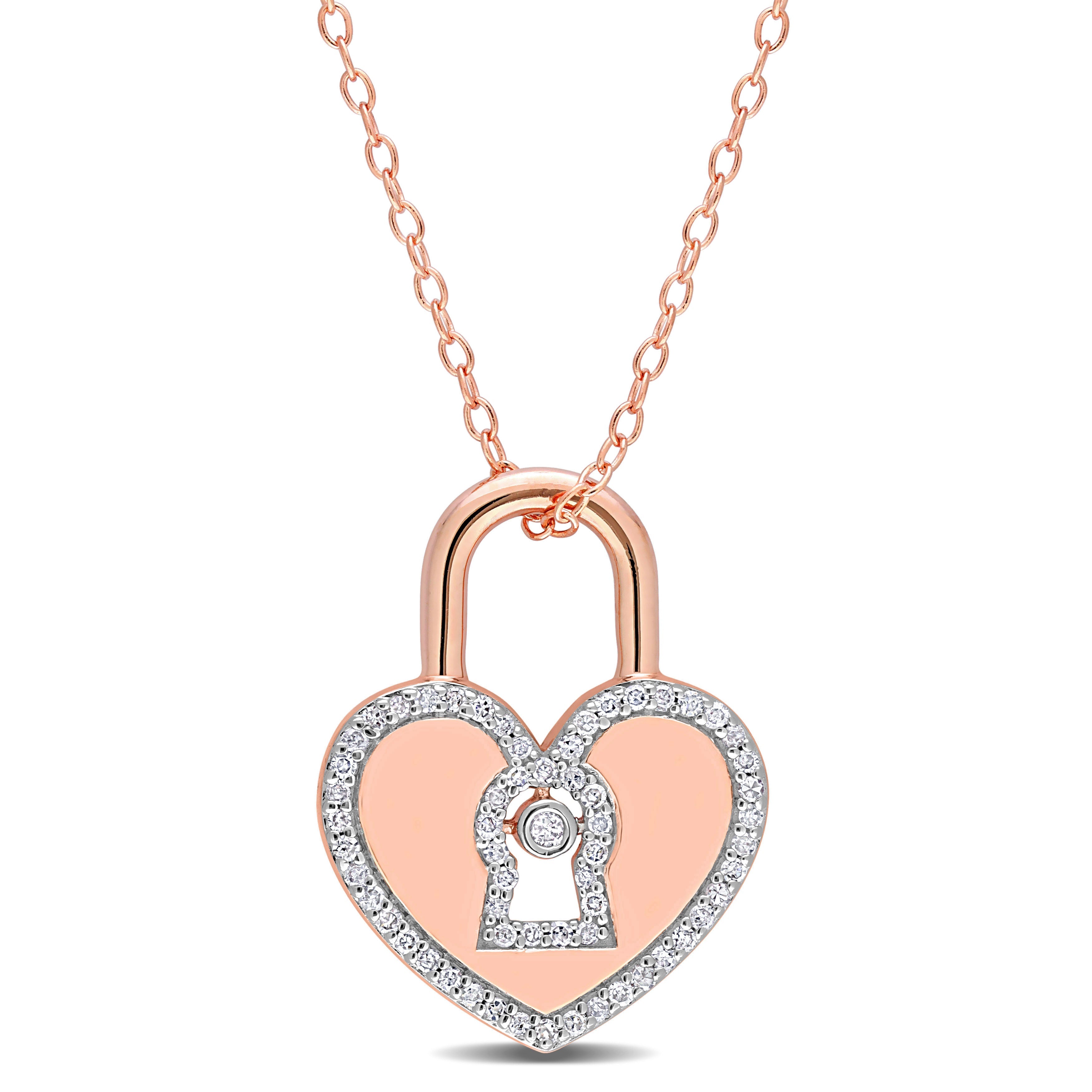 1/5 CT TW Diamond Heart Lock Pendant with Chain in Rose Plated Sterling Silver