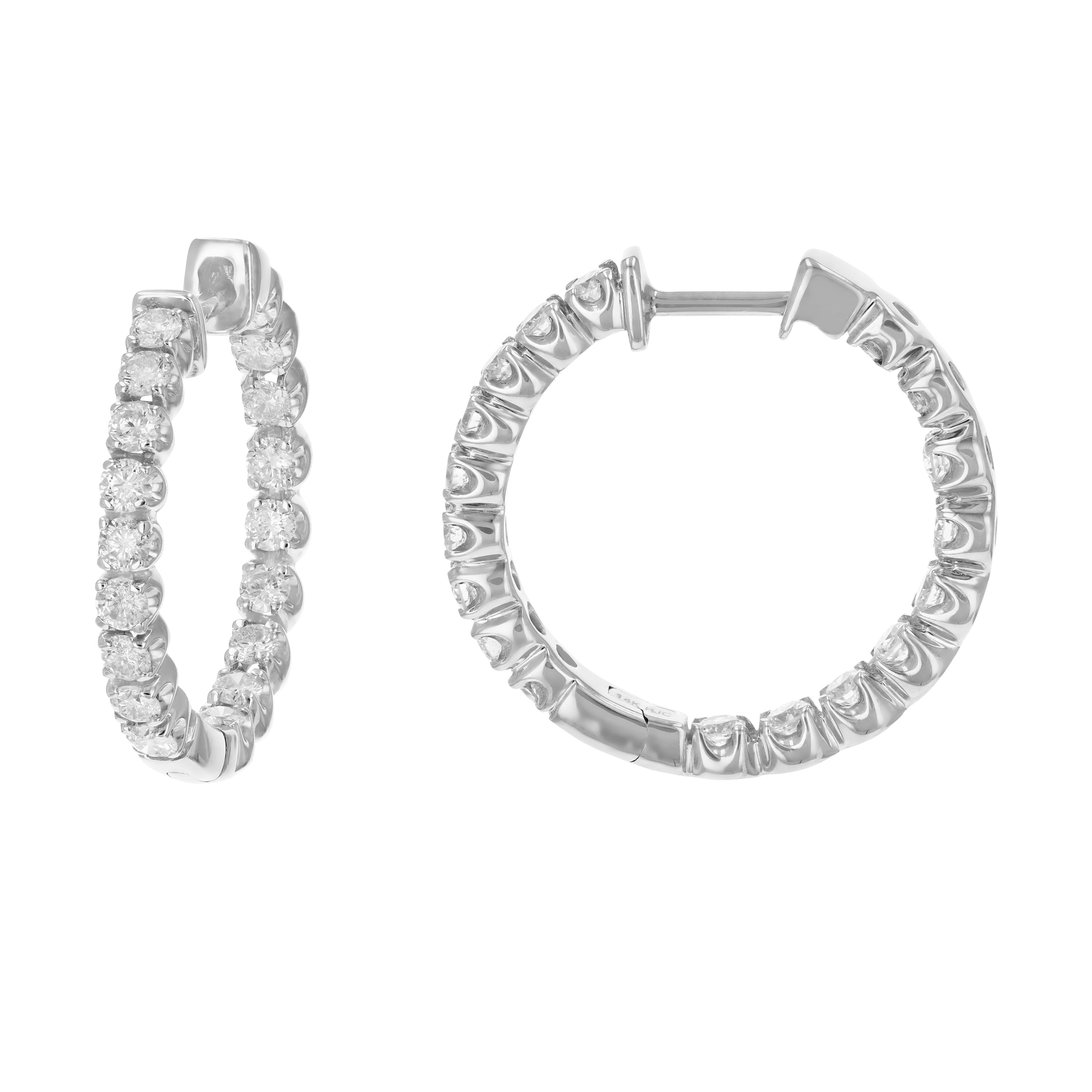 2 cttw Diamond Inside Out Hoop Earrings 14K White Gold Round Prong Set 1 Inch