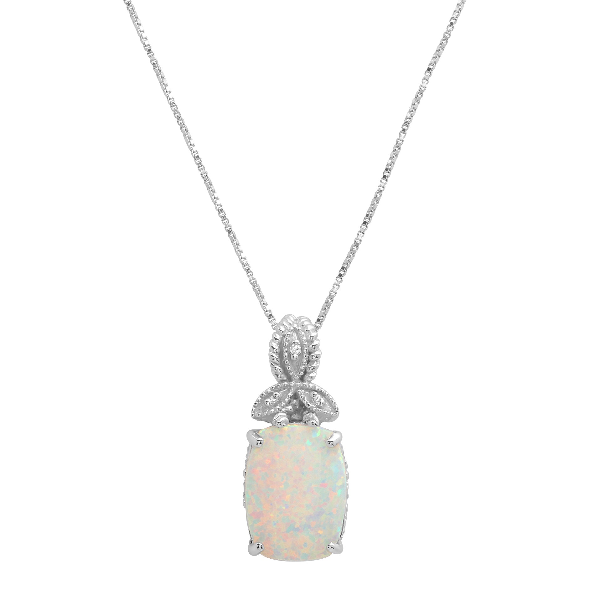 Sterling Silver 13x10mm Created Opal and Diamond Accent Pendant Necklace, 18"